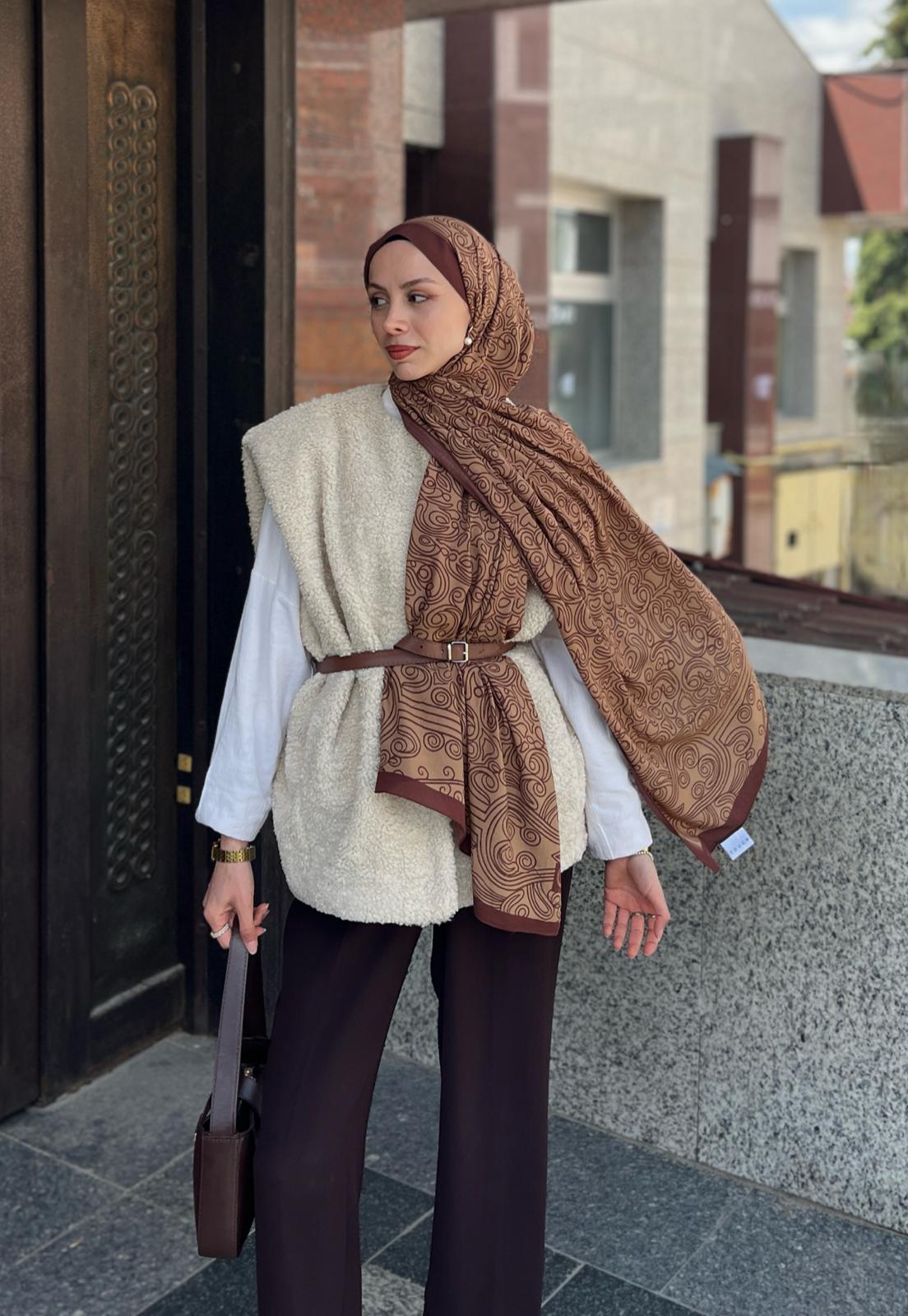 Touch İthal Etnik Desen Pamuk İpek Şal 63459- Kahve Latte