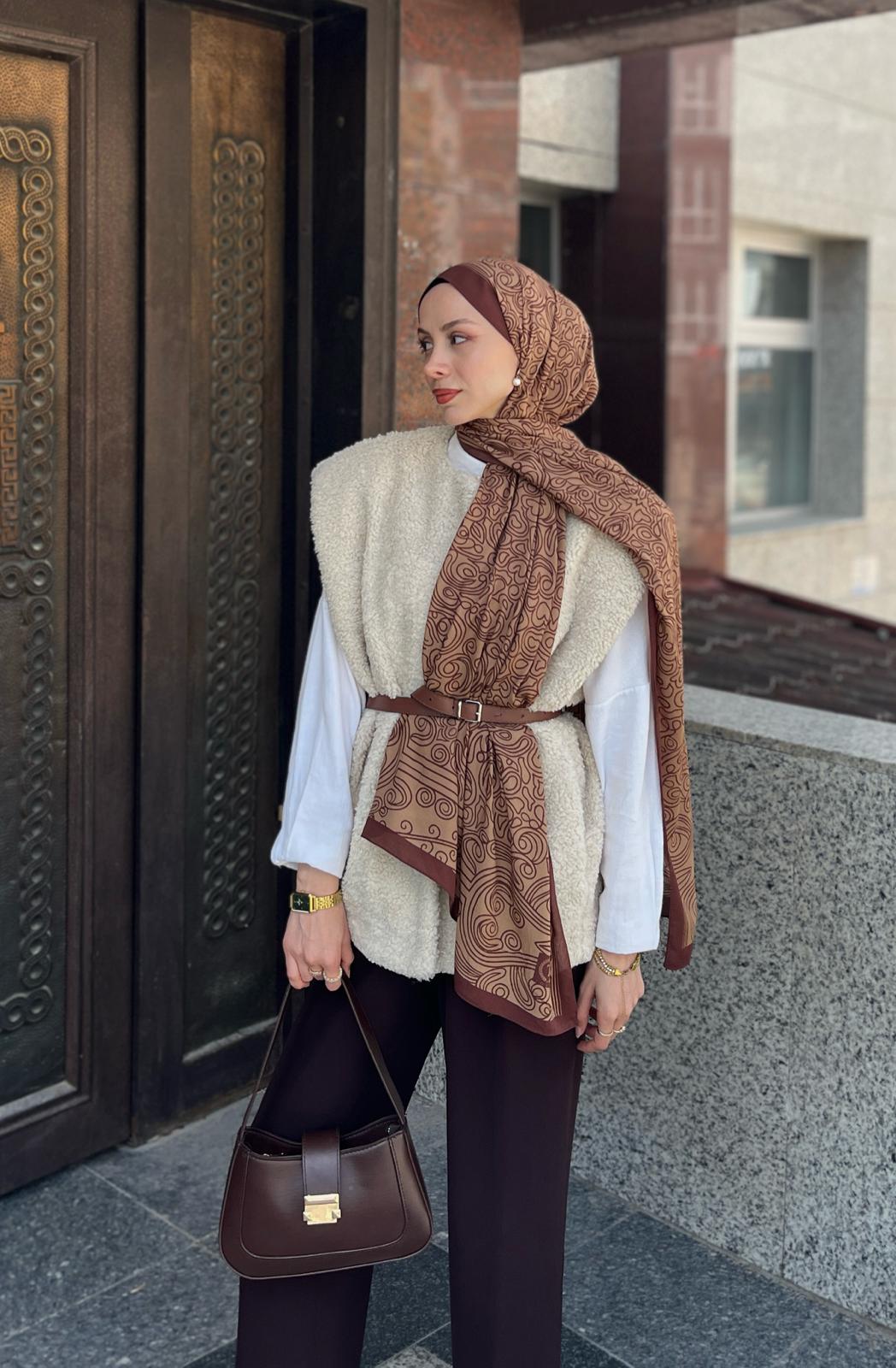 Touch İthal Etnik Desen Pamuk İpek Şal 63459- Kahve Latte - Görsel 4