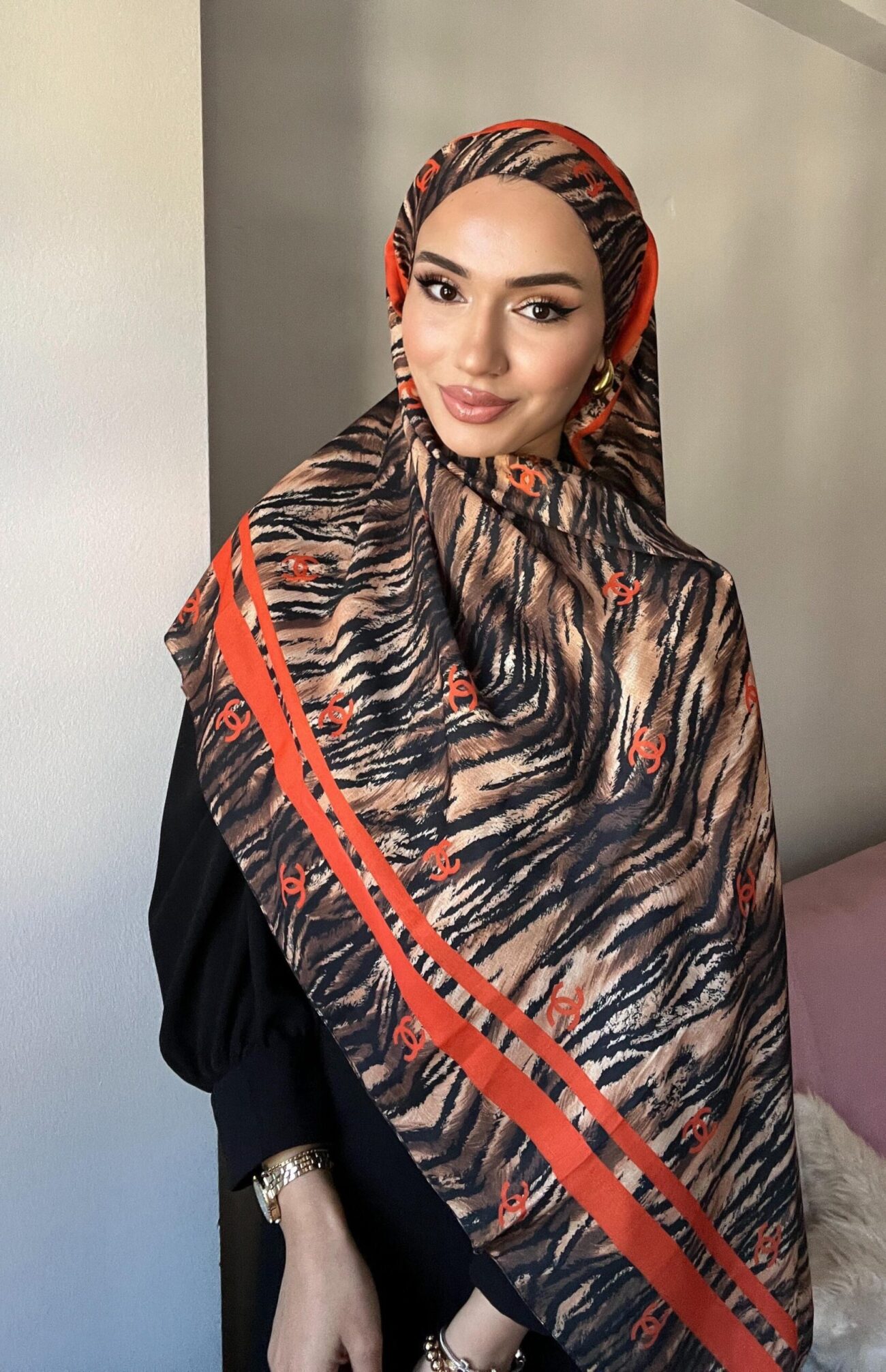 Chanel Çizgili Leopar Pamuk Soft Şal 54120 - Turuncu