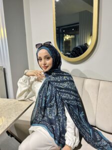 Touch İthal Etnik Desen Yün İpek Şal- 34660 - Lacivert Bebe Mavisi