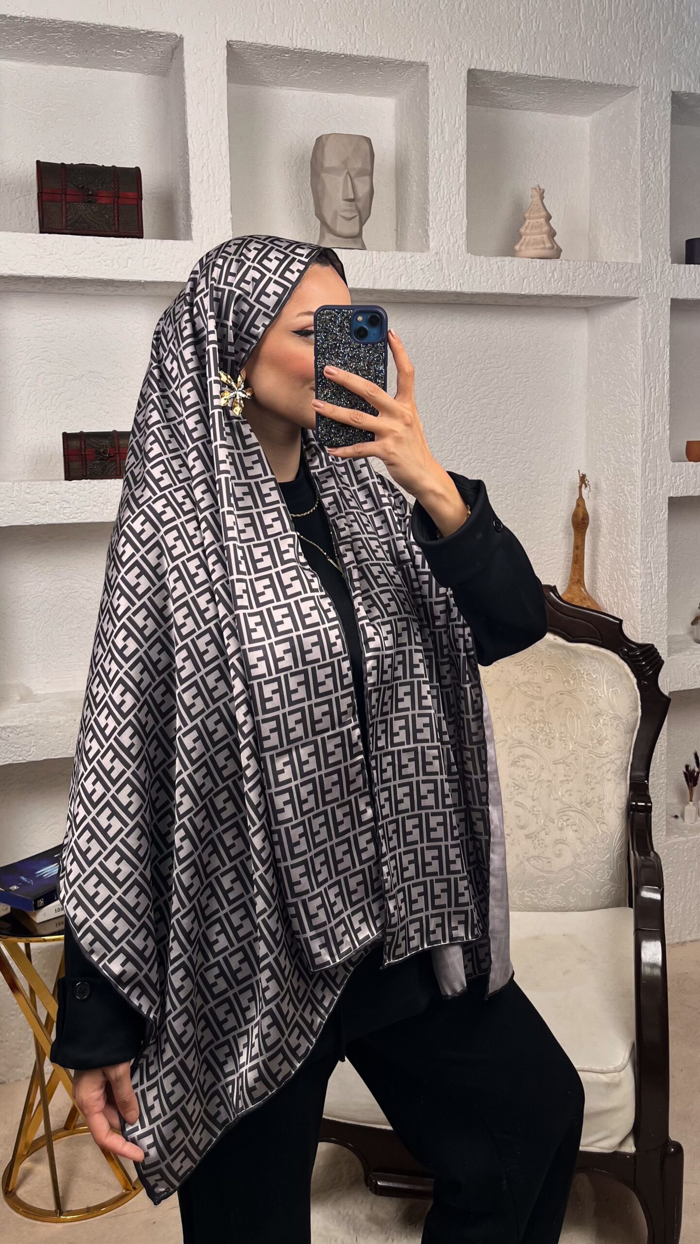 İthal Çifttaraflı Fendi İnci Vual İpek Şal-14500 -Gri