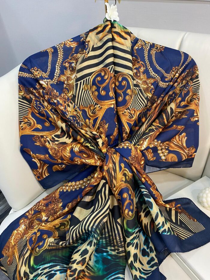 Etnik Leopar Desenli Pamuk Soft Şal 56320 - Lacivert