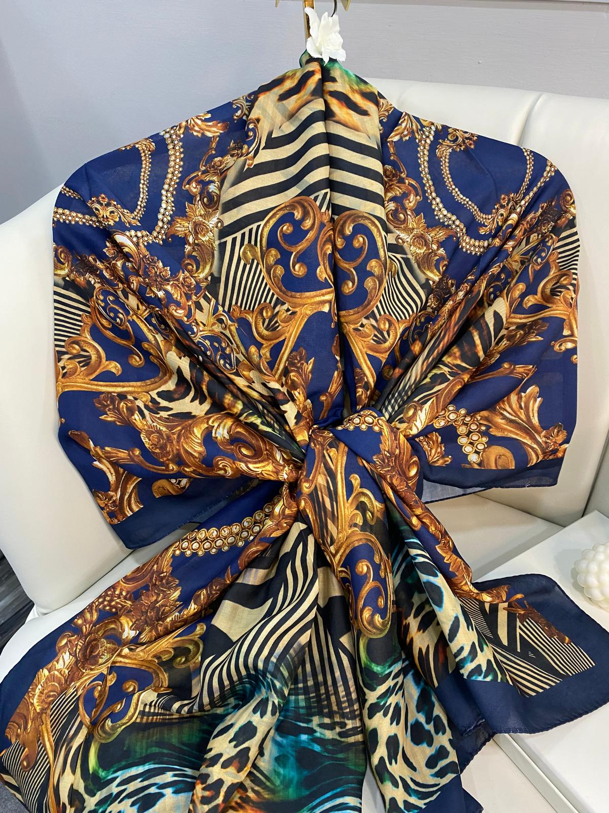 Etnik Leopar Desenli Pamuk Soft Şal 56320 - Lacivert