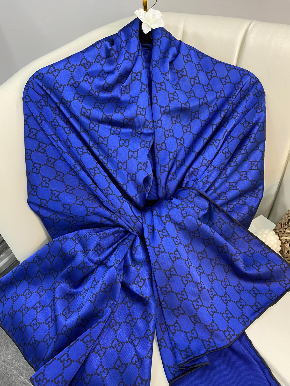 İthal Çifttaraflı Gucci İnci Vual İpek Şal-50140-Lacivert - Görsel 2