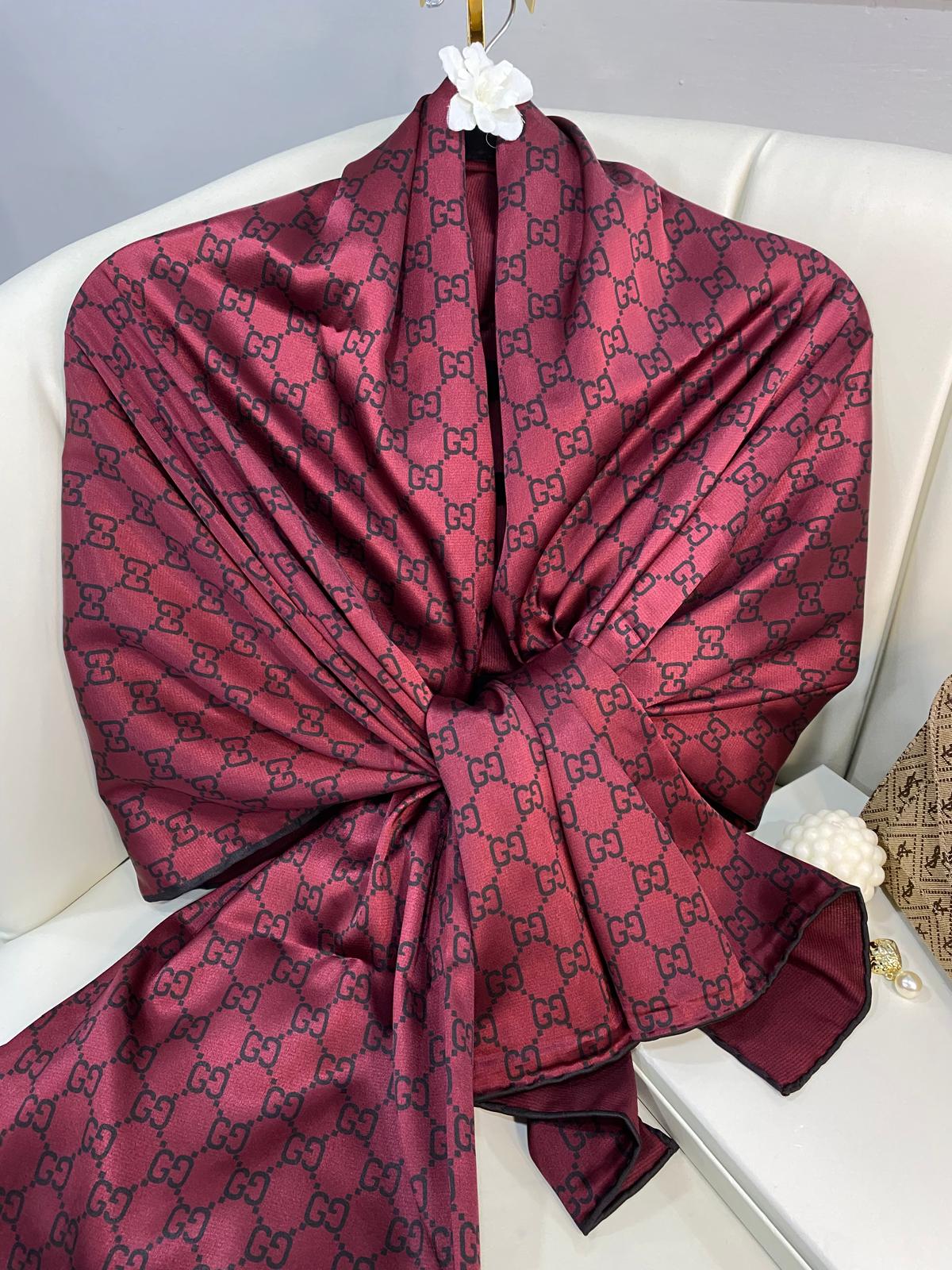İthal Çifttaraflı Gucci İnci Vual İpek Şal-50140-Bordo - Görsel 2