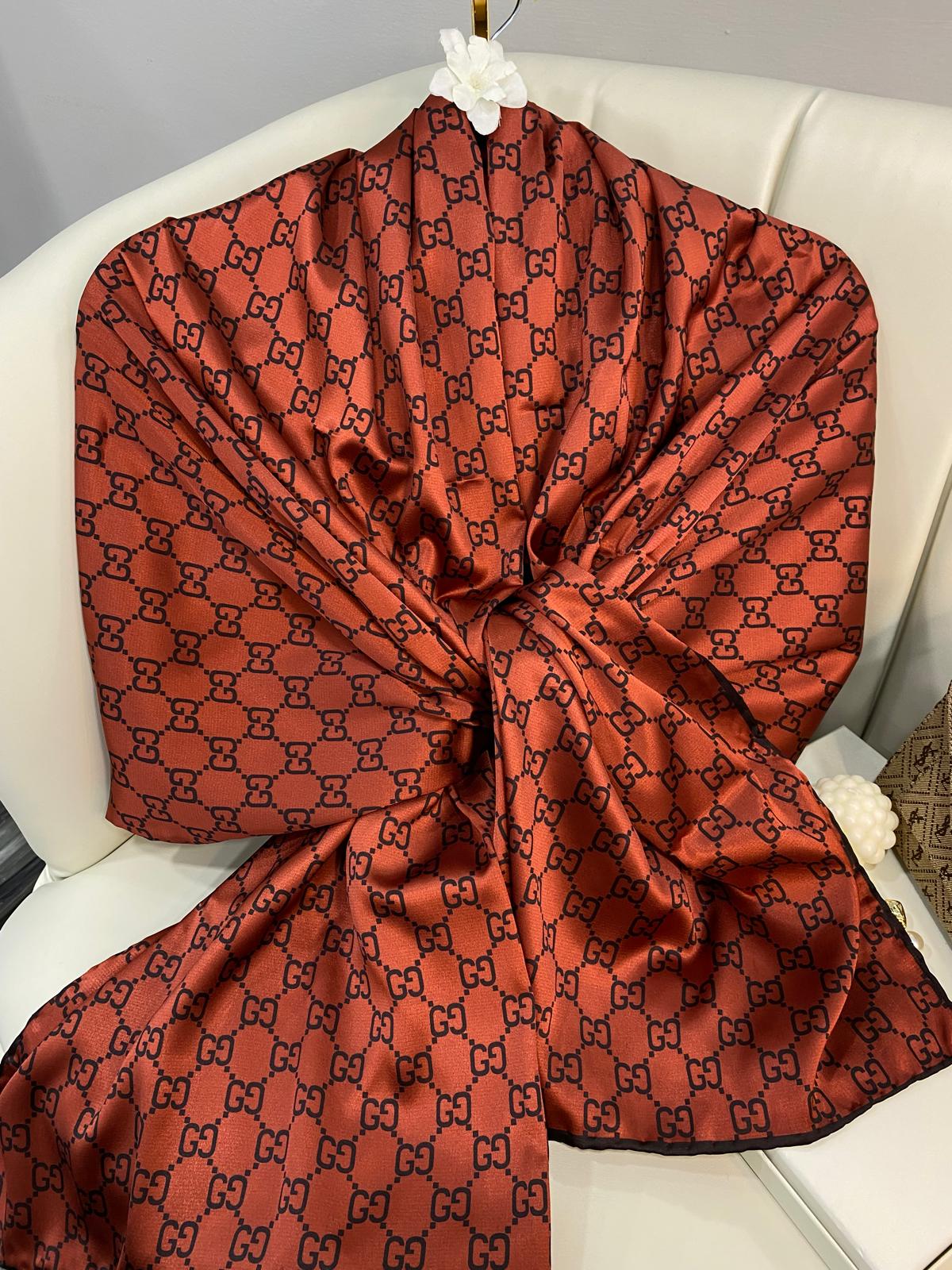 İthal Çifttaraflı Gucci İnci Vual İpek Şal-50140 - Kiremit - Görsel 7