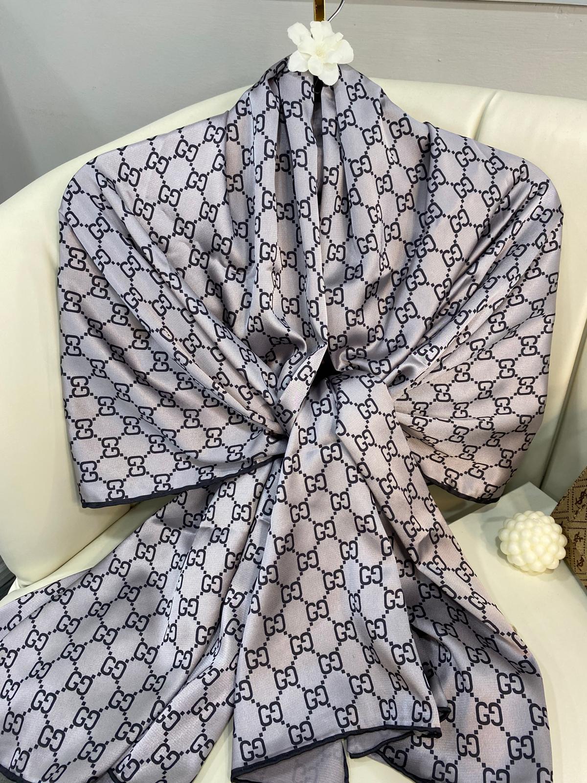 İthal Çifttaraflı Gucci İnci Vual İpek Şal-50140-Gri - Görsel 8