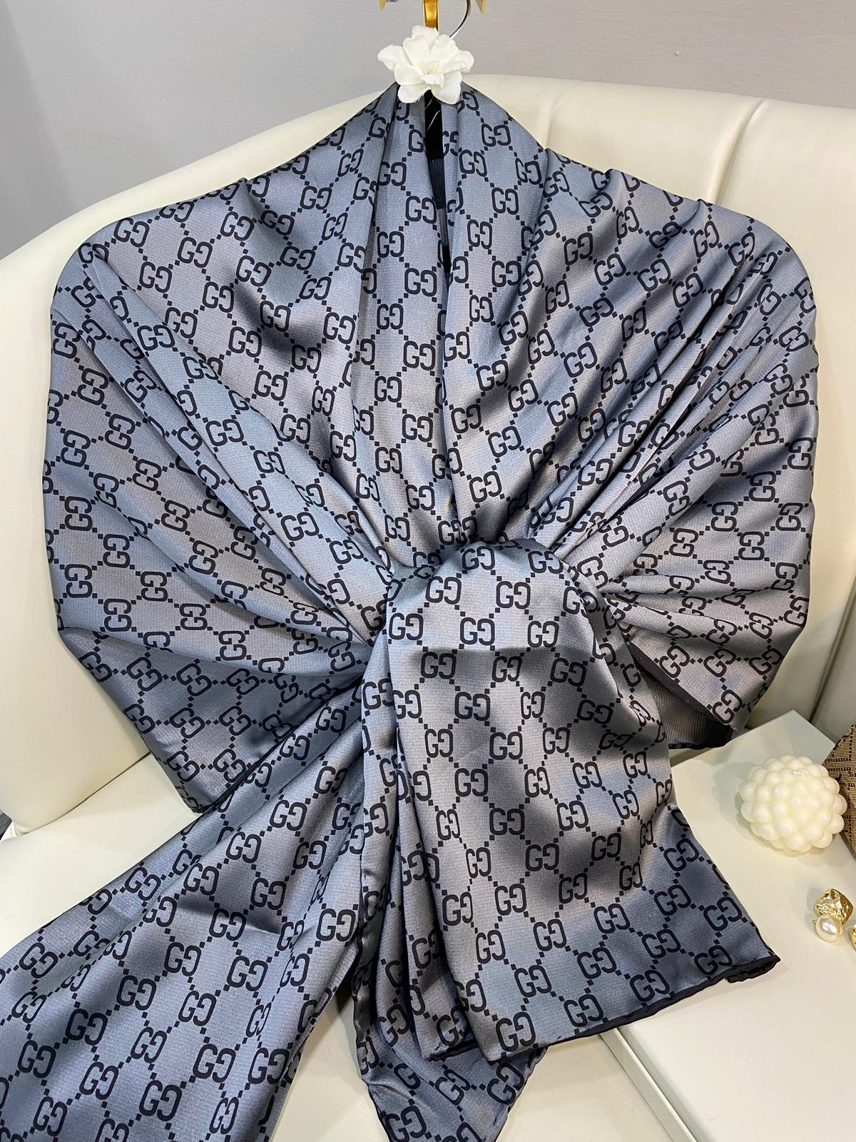 İthal Çifttaraflı Gucci İnci Vual İpek Şal-50140-Antrasit - Görsel 2