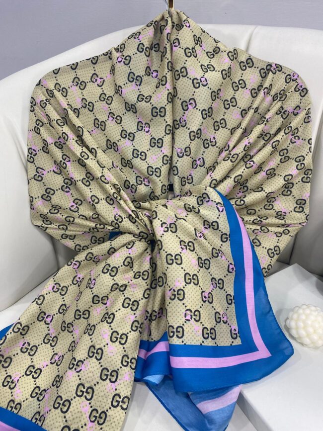 NEW GUCCİ Desen Pamuk İpek Şal-64750- Bebe Mavisi