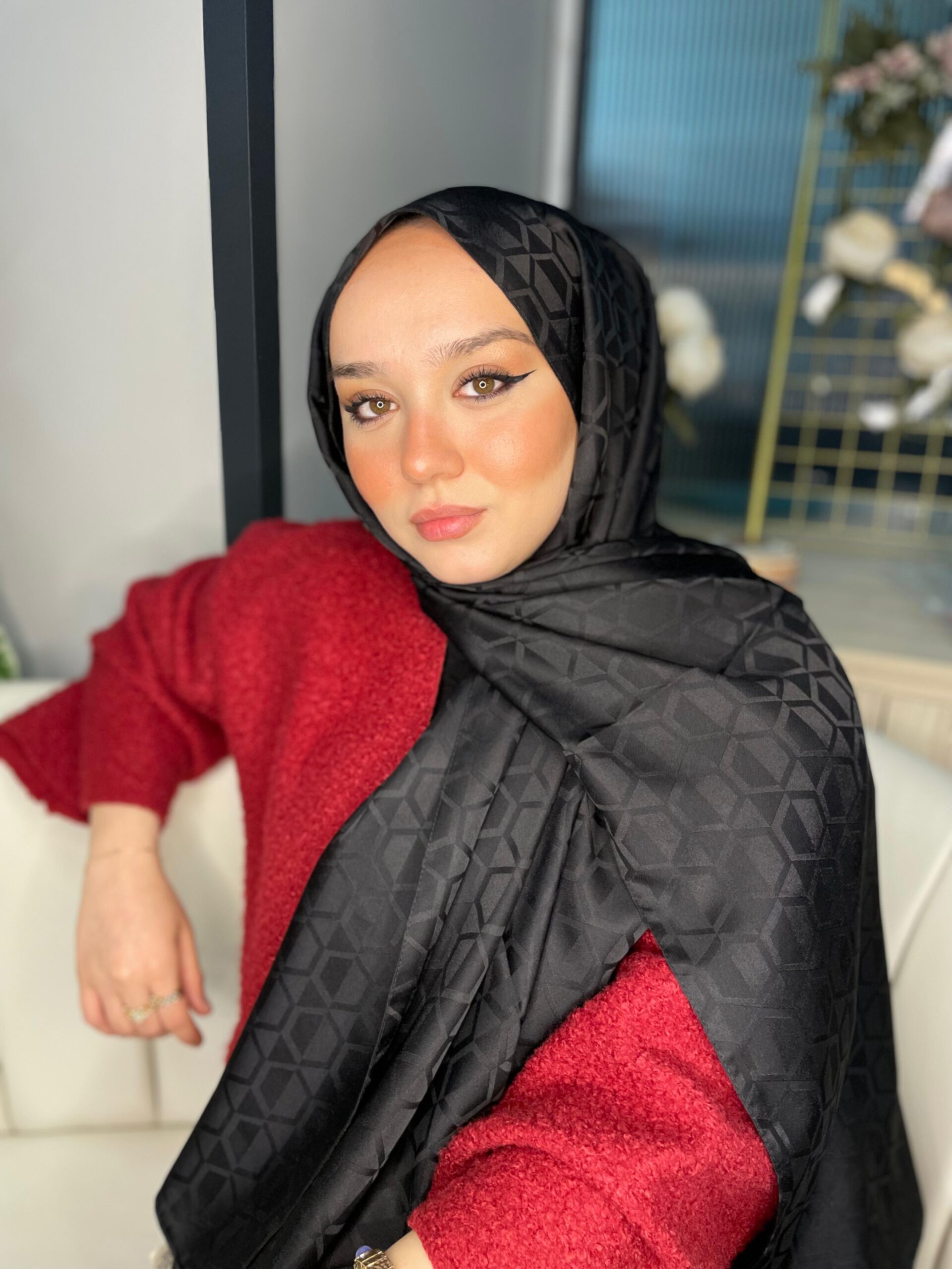 Elmas Desen Pamuk Jakar Şal - Siyah - Görsel 2