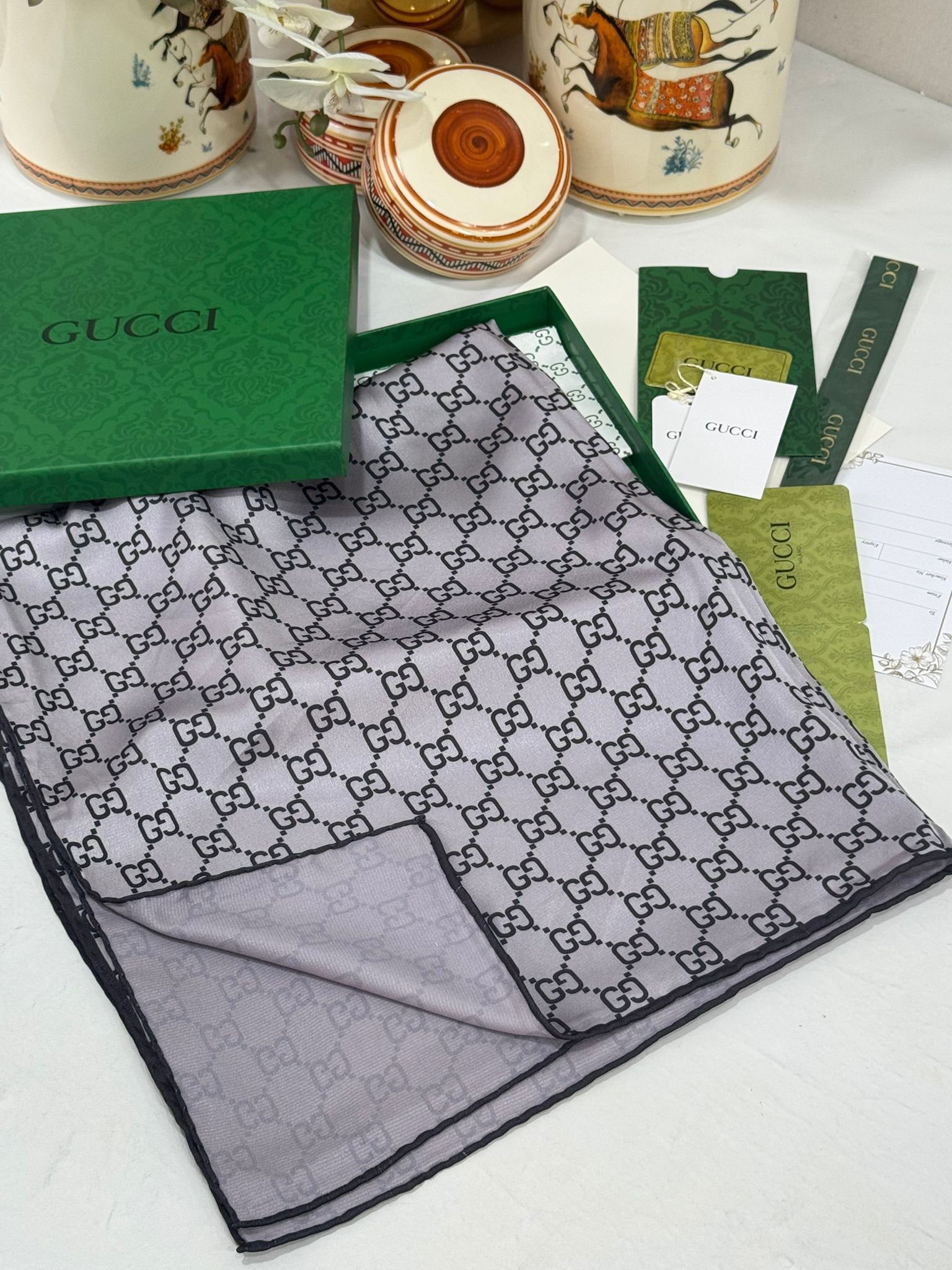 İthal Çifttaraflı Gucci İnci Vual İpek Şal-50140-Gri - Görsel 7