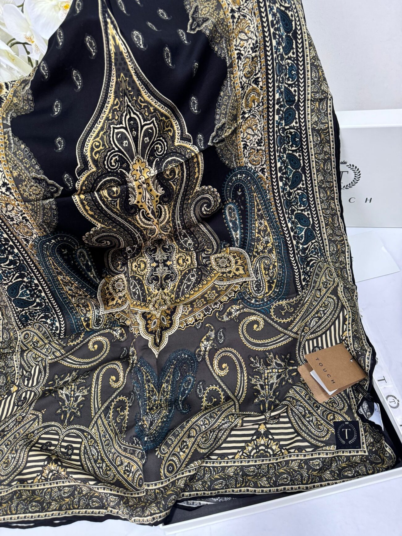 Touch İthal Etnik Desen Yün İpek Şal- 34880 - Kahve Gold - Görsel 2