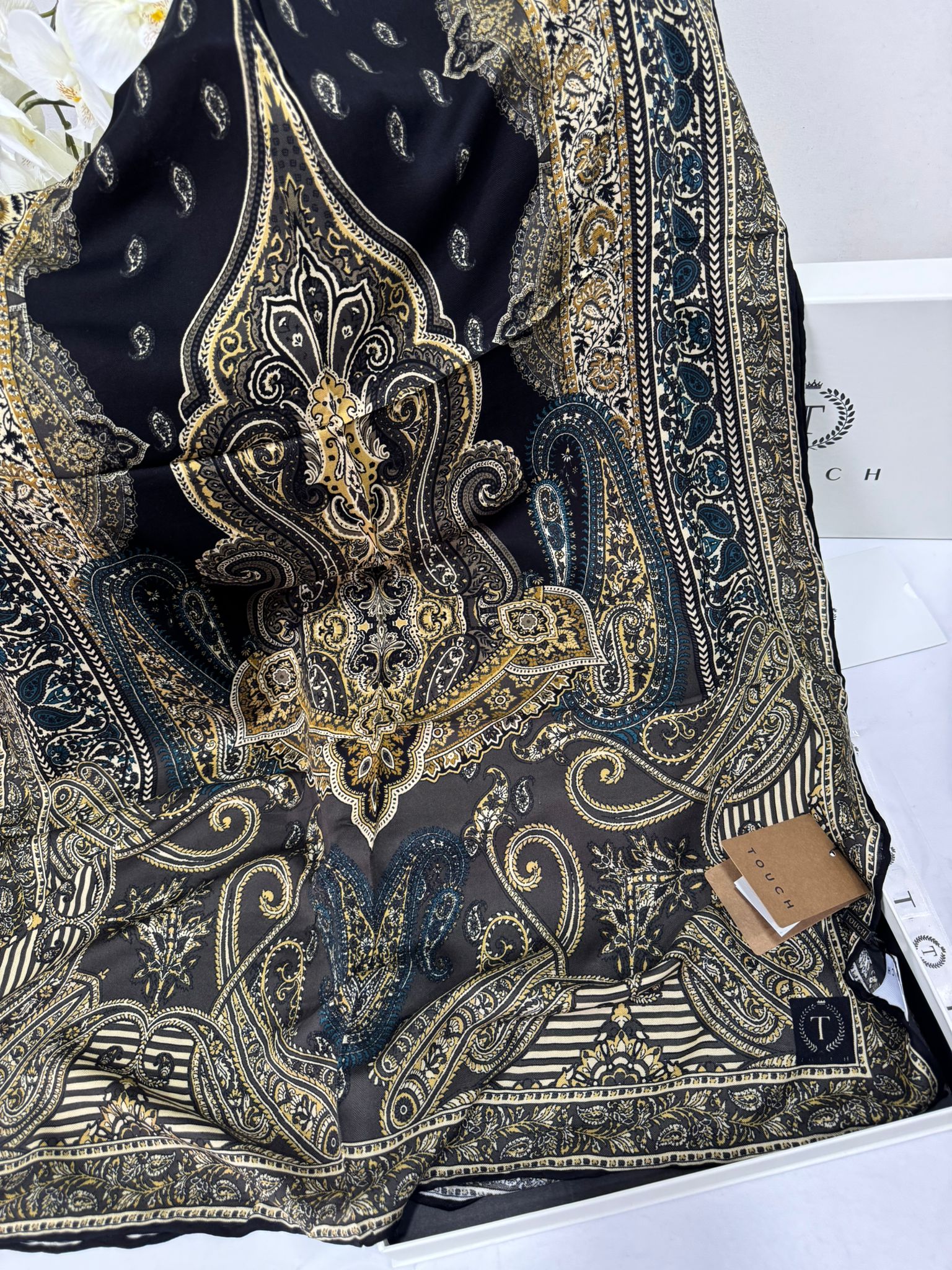 Touch İthal Etnik Desen Yün İpek Şal- 34880 - Kahve Gold - Görsel 2