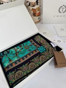 Touch İthal Etnik Desen Yün İpek Şal-34770 -Zümrüt siyah