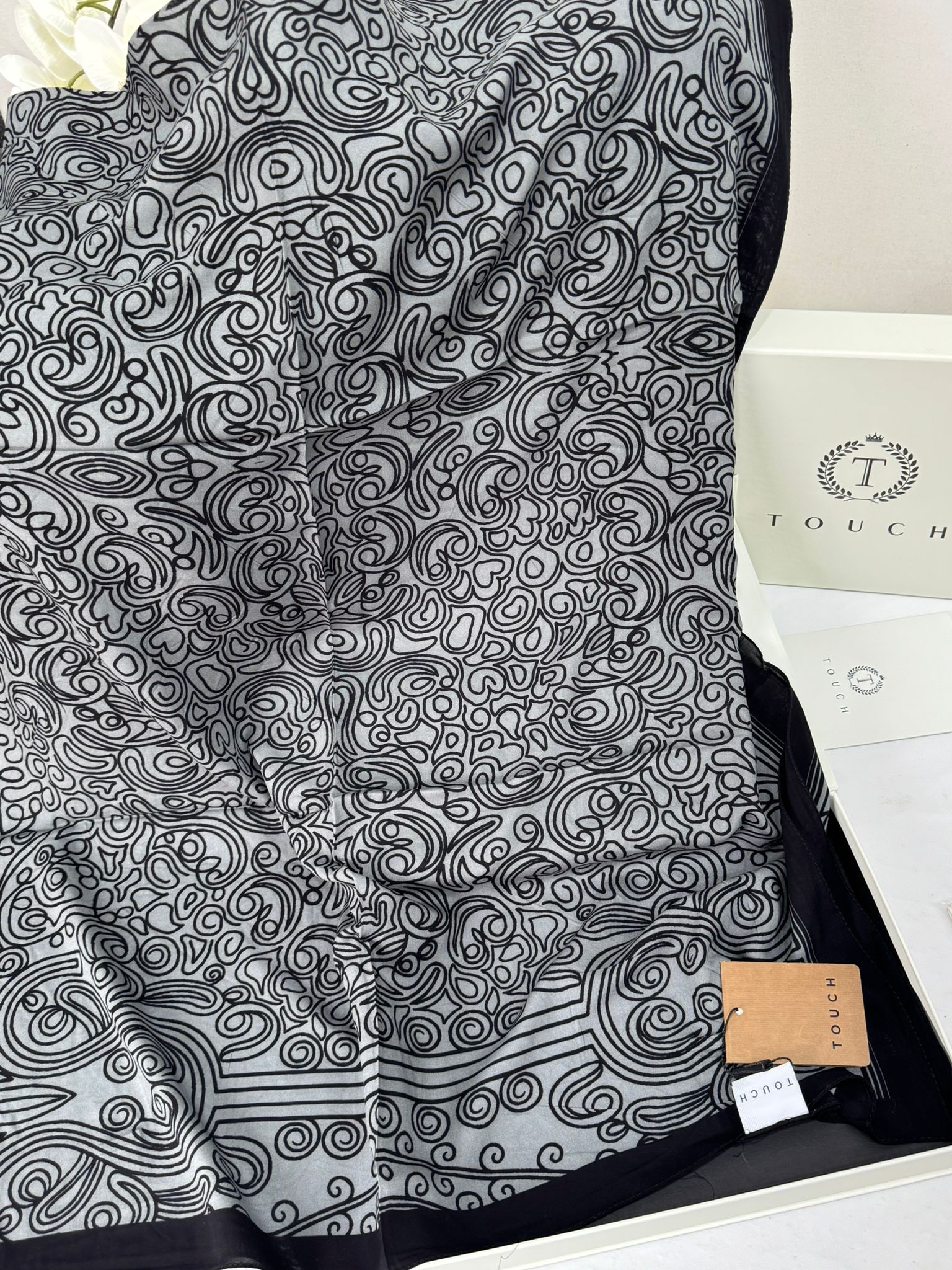 Touch İthal Etnik Desen Pamuk İpek Şal 63459- Gri - Görsel 2