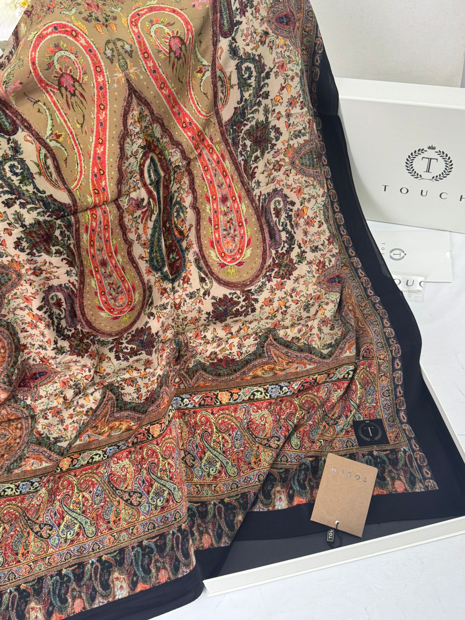 Touch İthal Etnik Desen Pamuk İpek Şal -35330 - Siyah Turuncu - Görsel 2