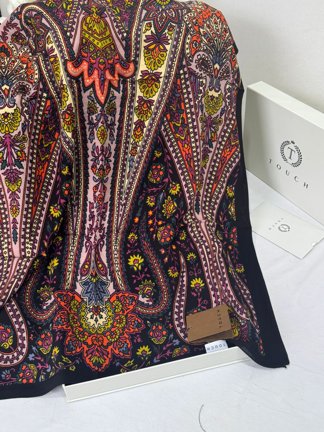 Touch İthal Etnik Desen Pamuk İpek Şal- 99880 - Pudra Siyah - Görsel 2