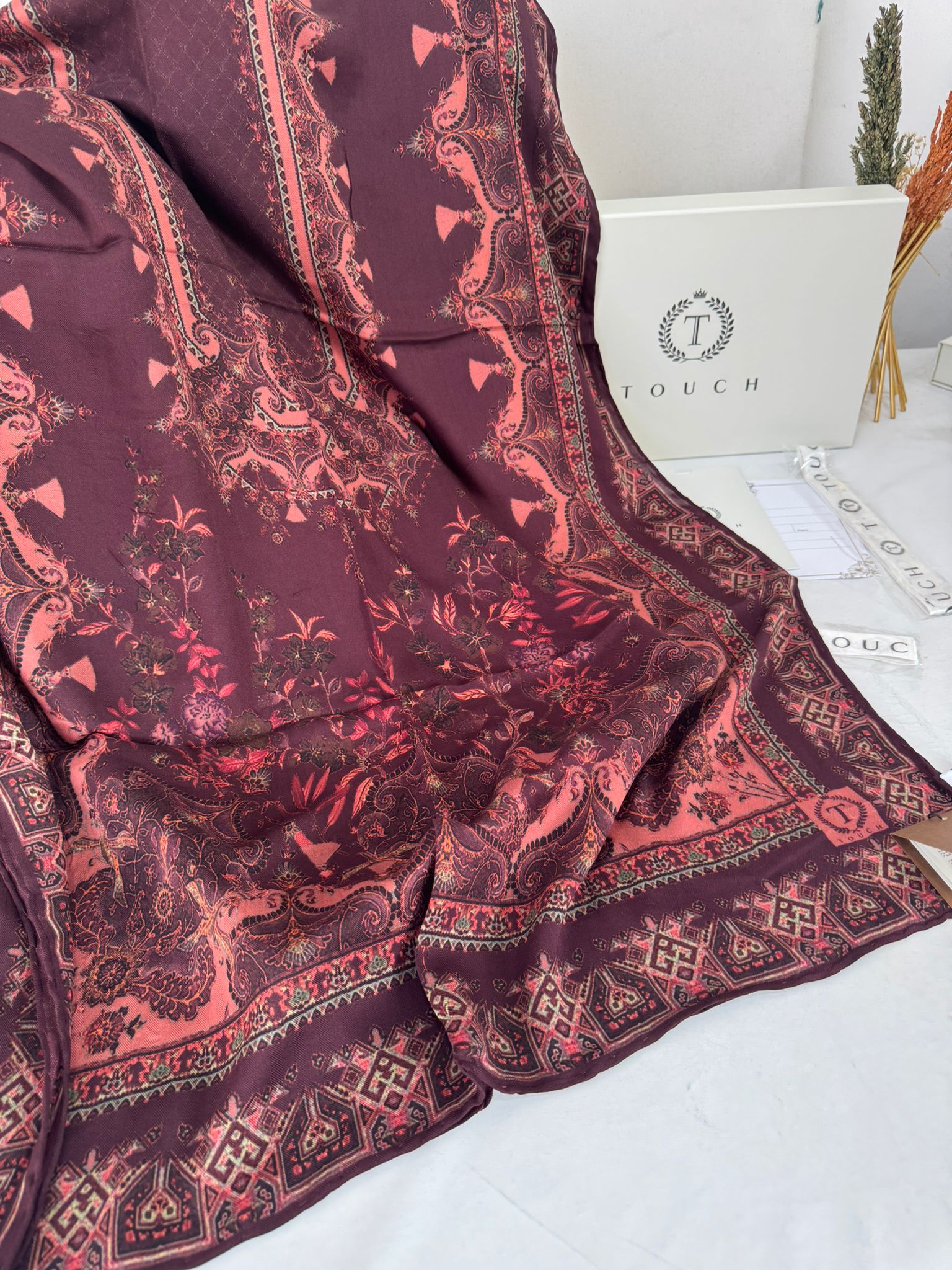 Touch İthal Etnik Desen Yün İpek Şal-34770 -Bordo - Görsel 2