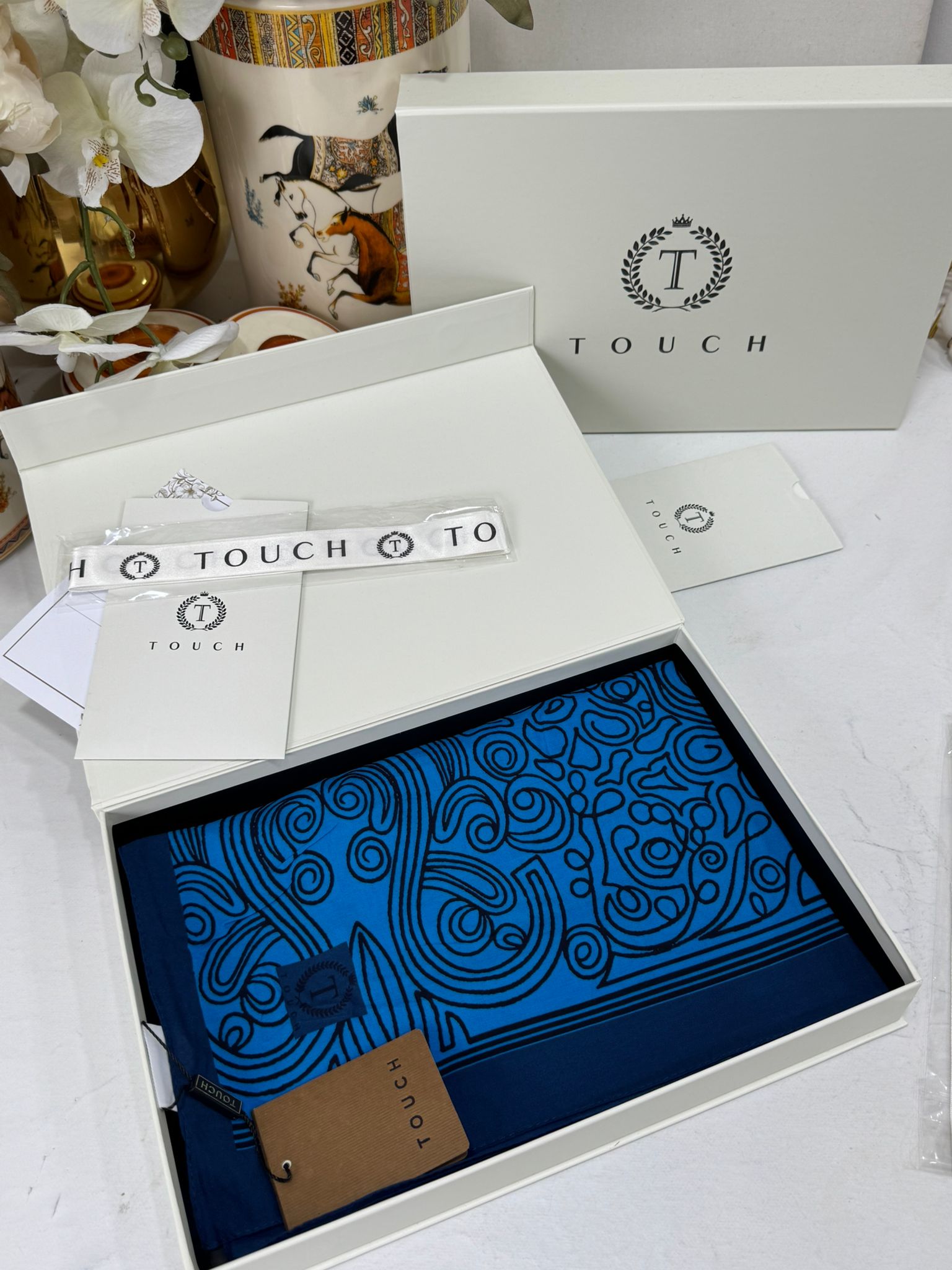 Touch İthal Etnik Desen Pamuk İpek Şal 63459- Lacivert Mavi