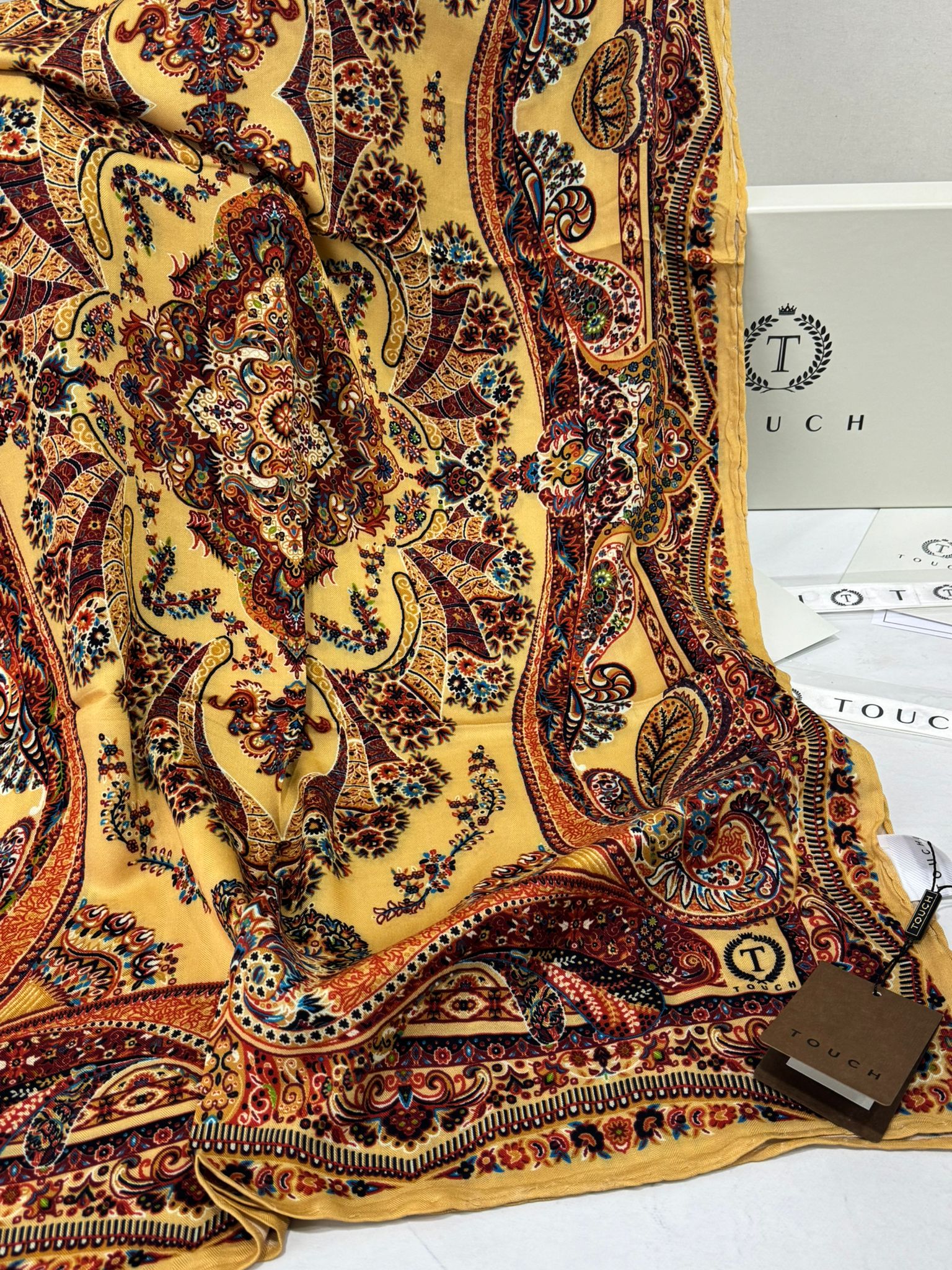 Touch İthal Etnik Desen Yün İpek Şal 34220 - Gold - Görsel 2
