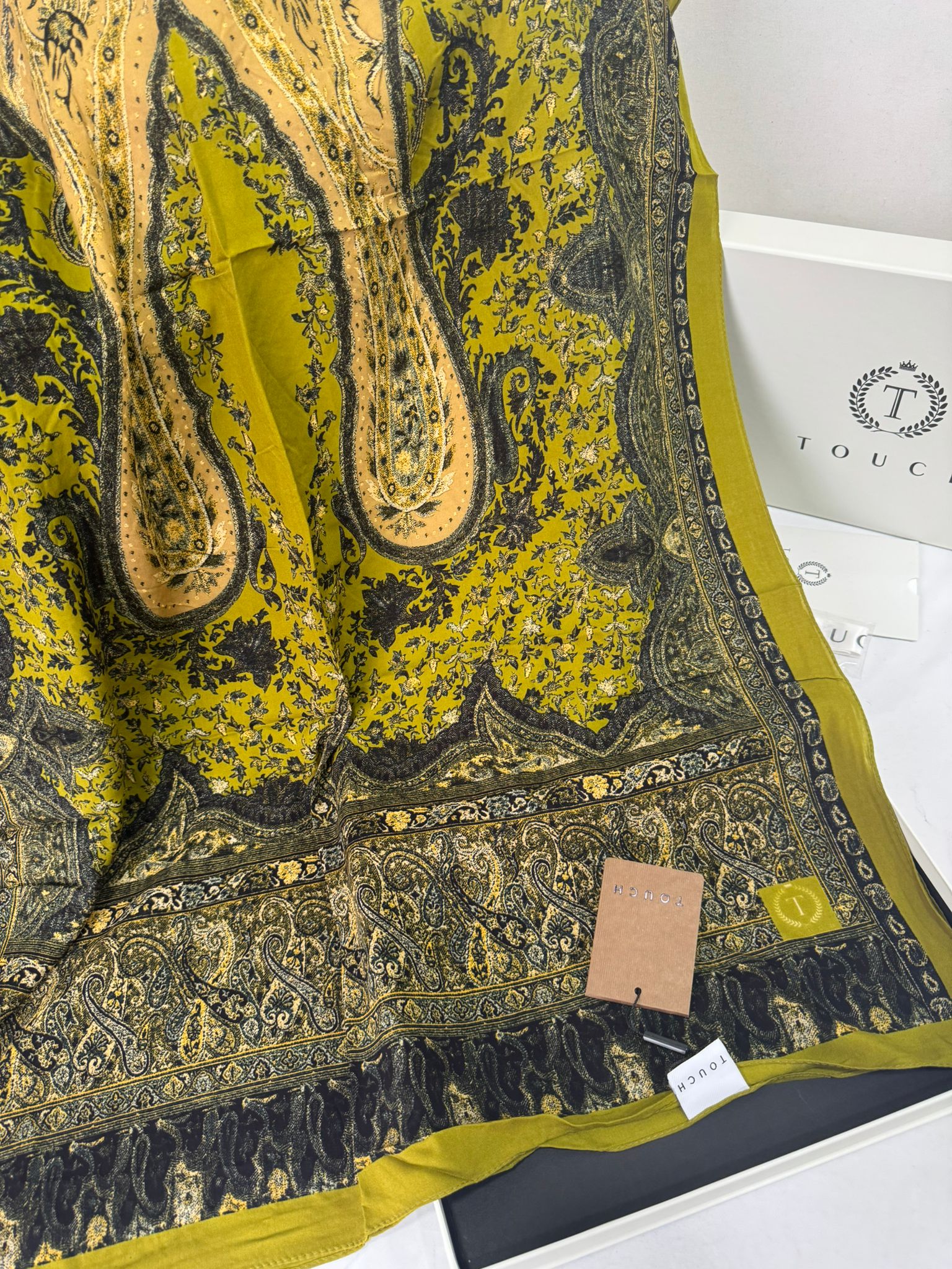 Touch İthal Etnik Desen Pamuk İpek Şal -35330 - Fiskal Yeşil - Görsel 2