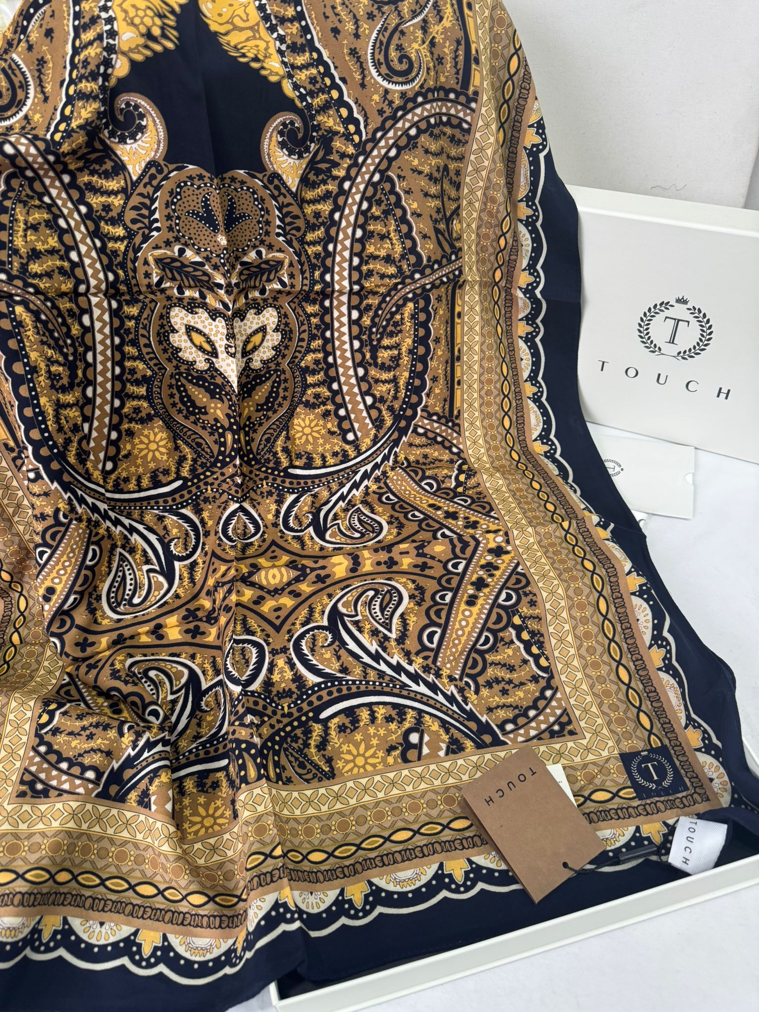 Touch İthal Etnik Desen Pamuk İpek Şal 63460- Lacivert - Görsel 2