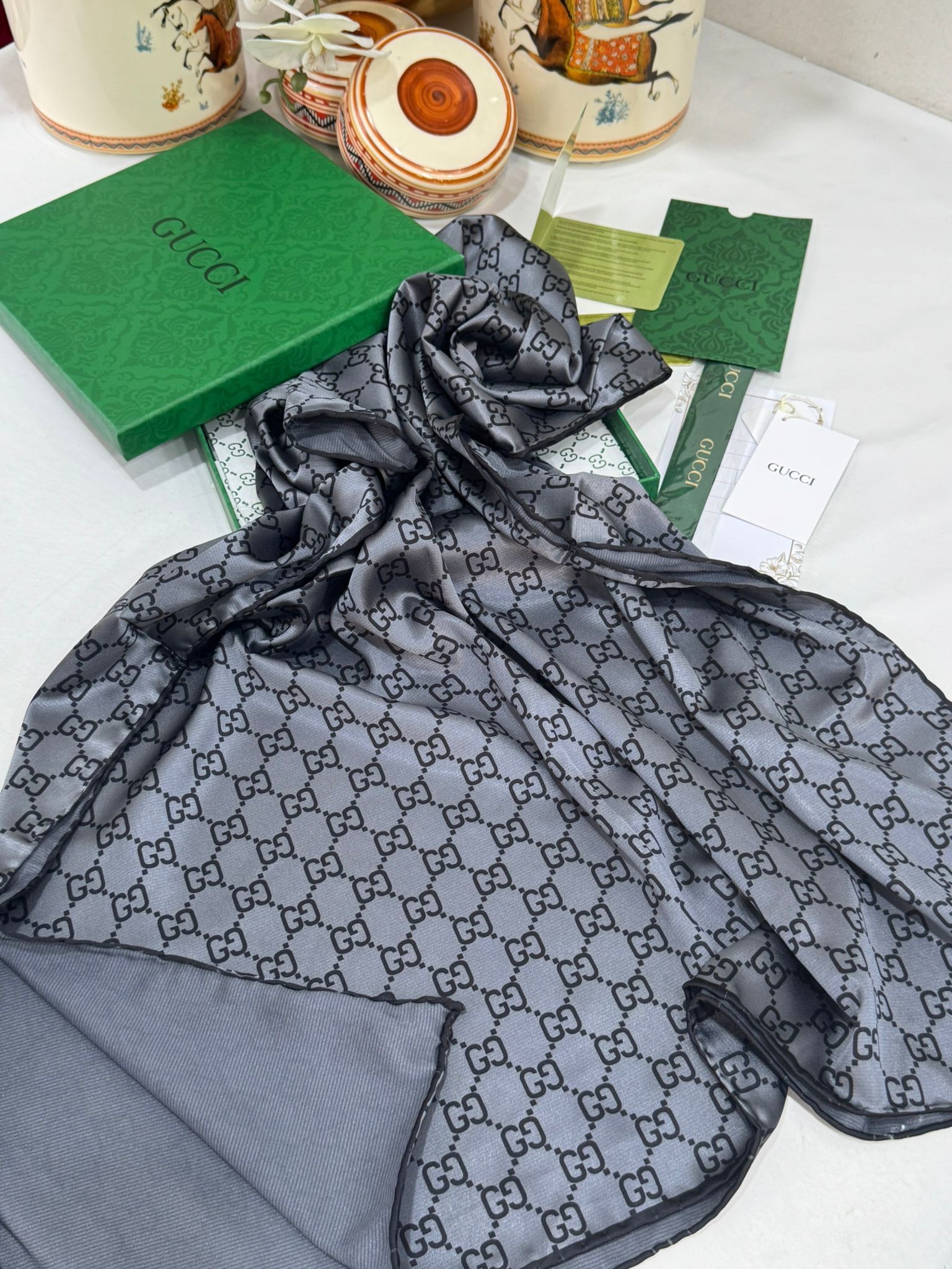 İthal Çifttaraflı Gucci İnci Vual İpek Şal-50140-Antrasit - Görsel 4