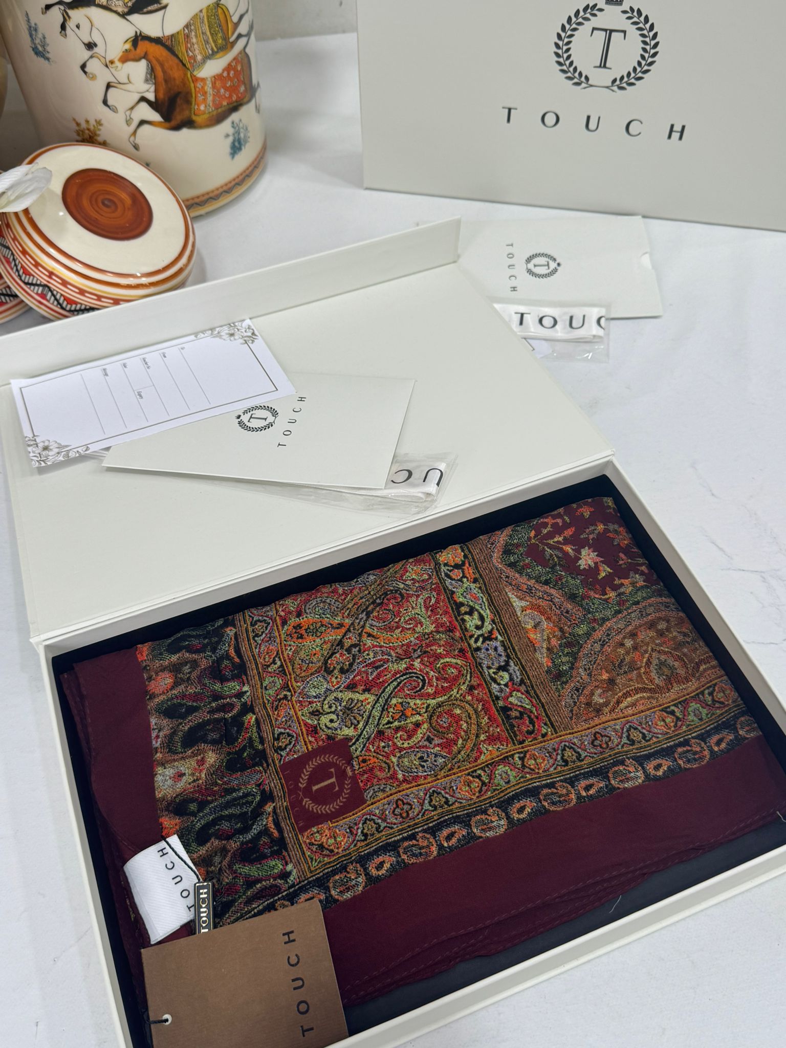 Touch İthal Etnik Desen Pamuk İpek Şal -35330 - Bordo Turuncu