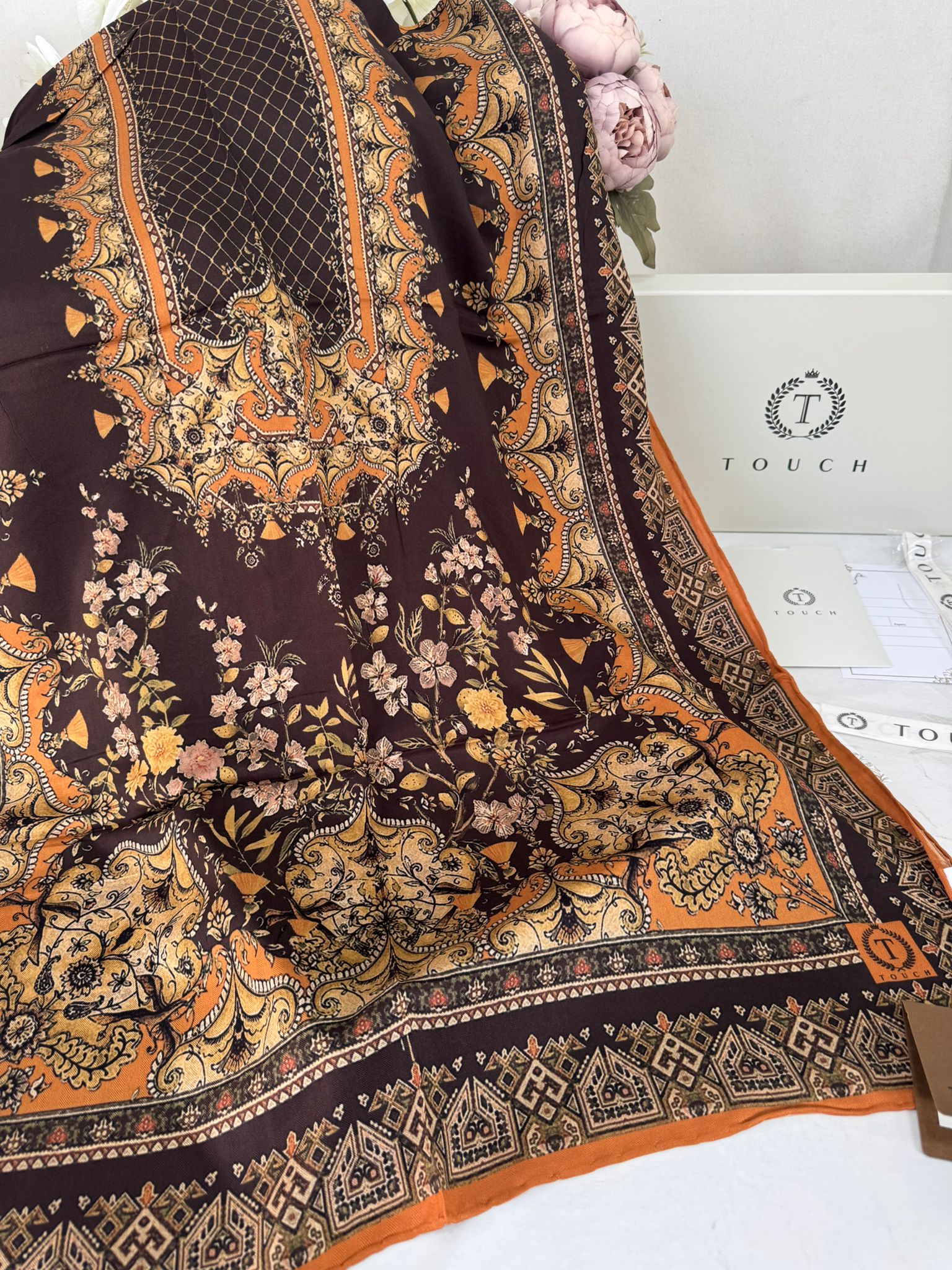 Touch İthal Etnik Desen Yün İpek Şal-34770 -Turuncu kahve - Görsel 2