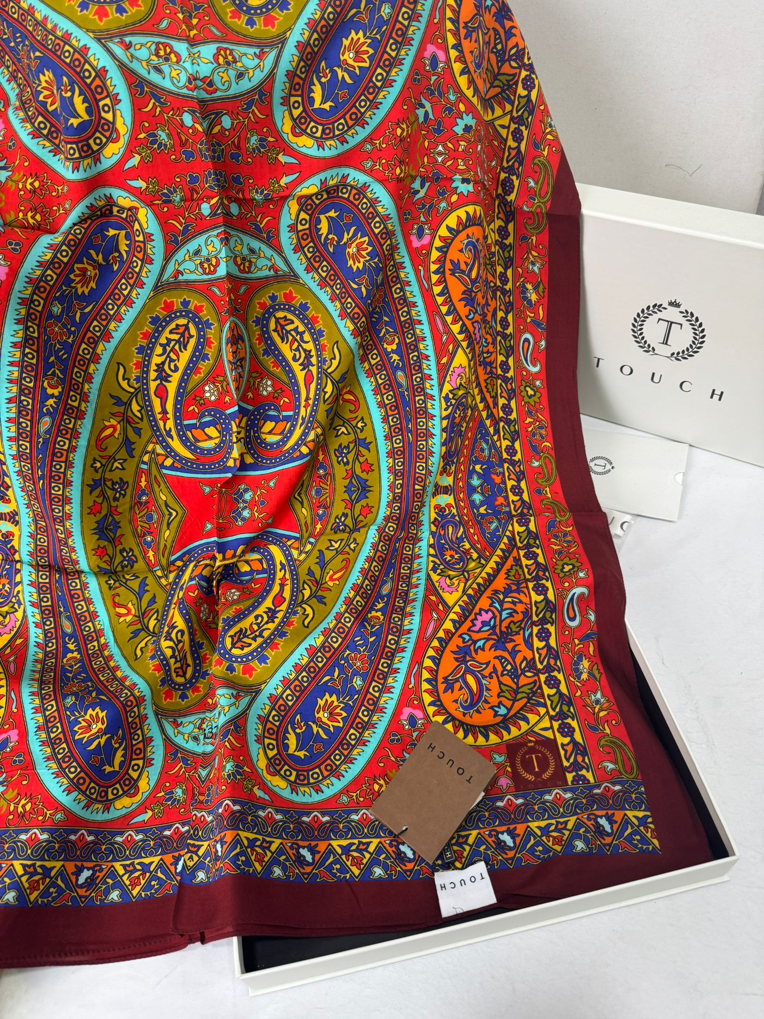 Touch İthal Etnik Desen Pamuk İpek Şal- 35440 - Bordo Turuncu - Görsel 2