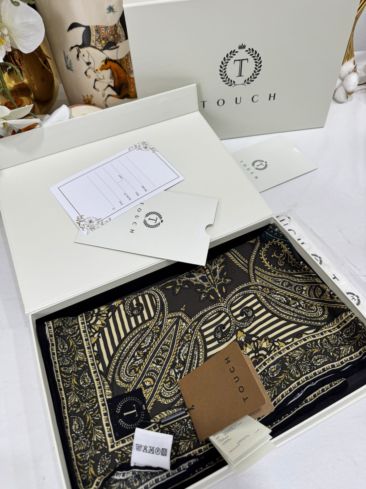 Touch İthal Etnik Desen Yün İpek Şal- 34880 - Kahve Gold