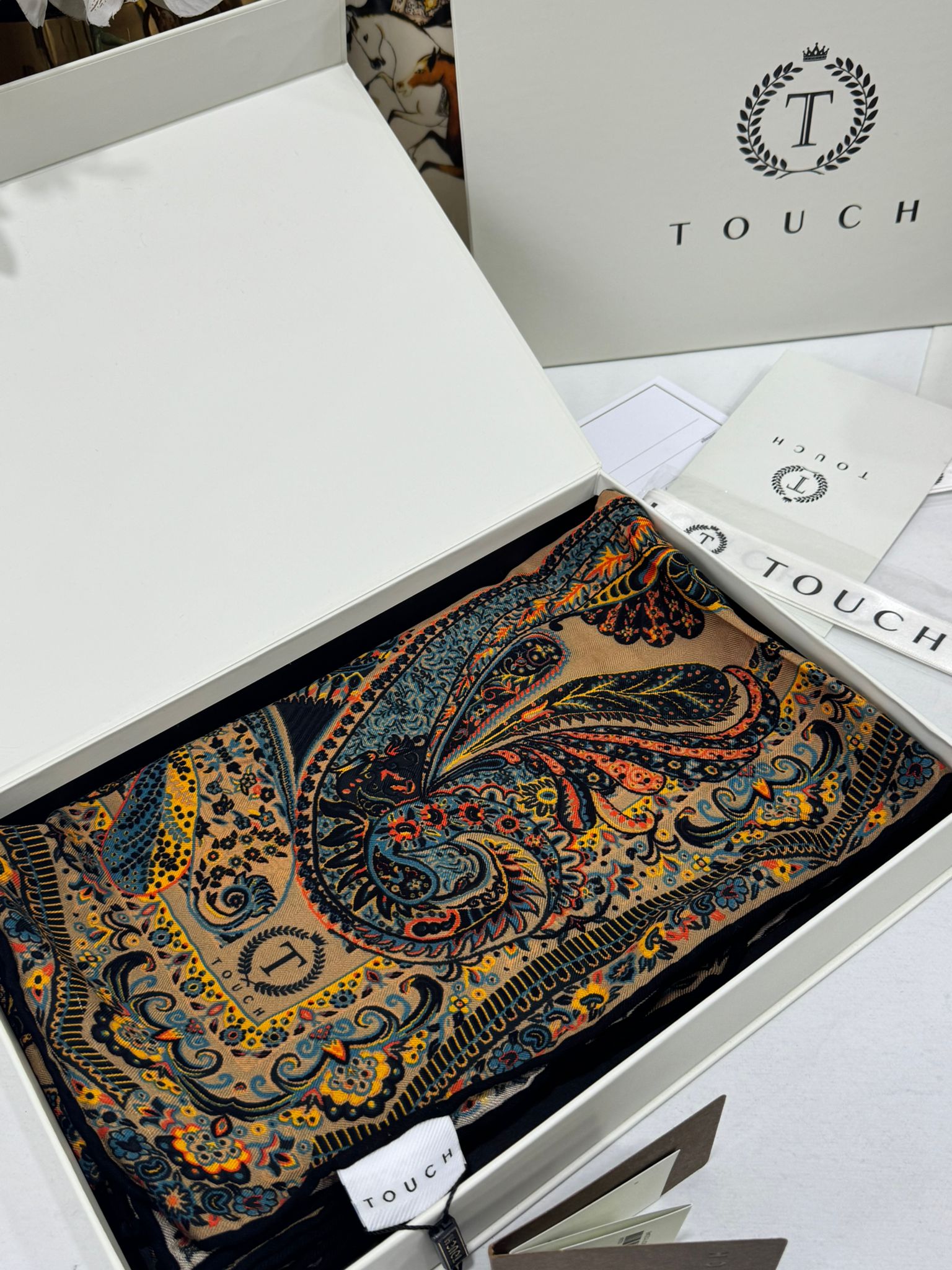 Touch İthal Etnik Desen Yün İpek Şal 34220 - Latte mavi