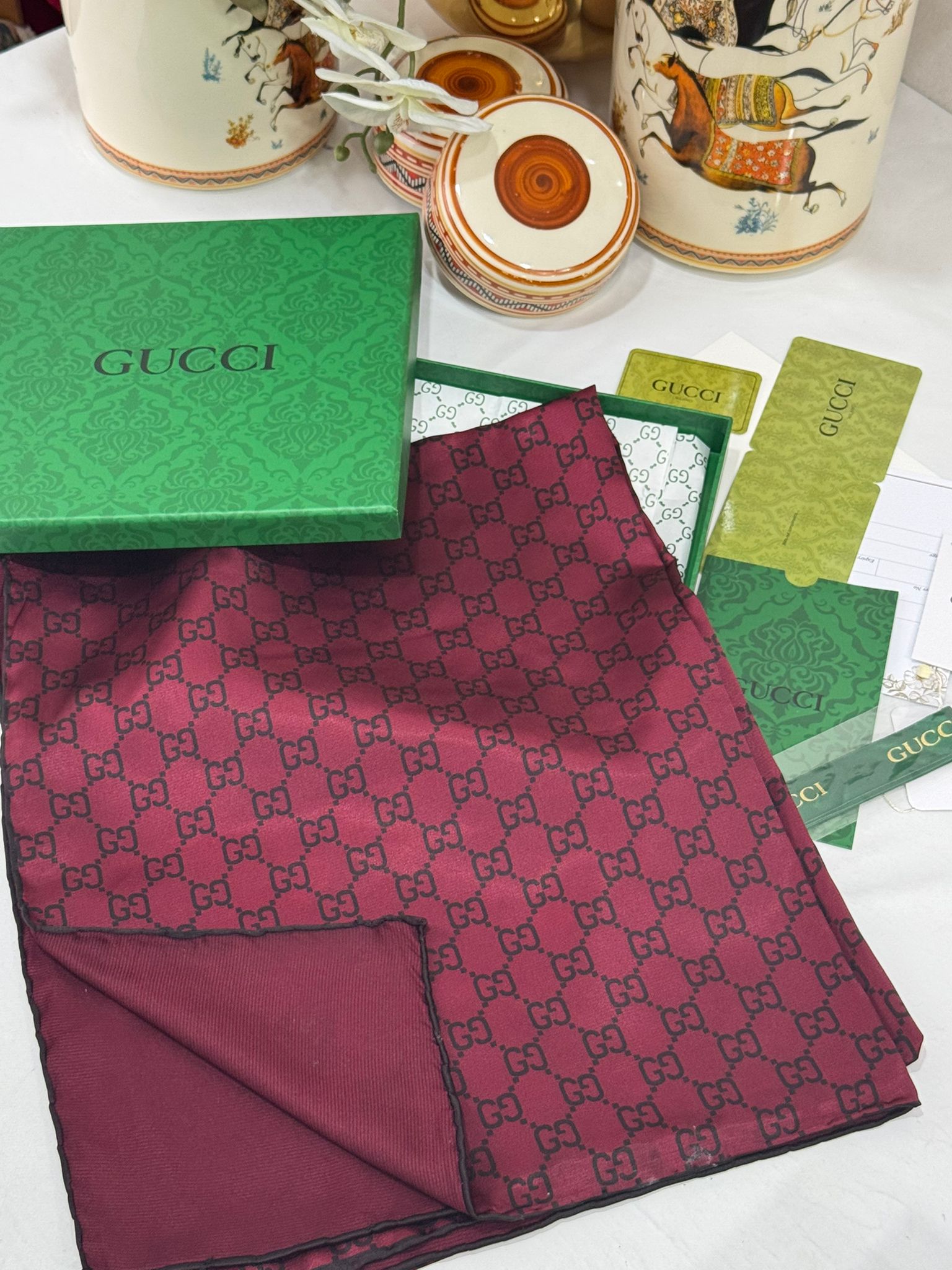 İthal Çifttaraflı Gucci İnci Vual İpek Şal-50140-Bordo - Görsel 3