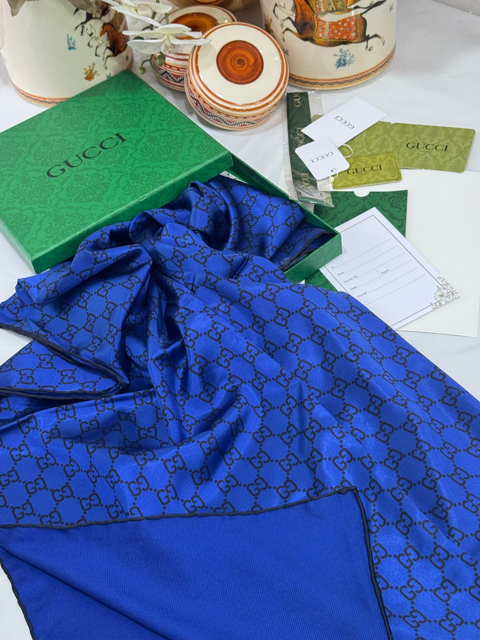 İthal Çifttaraflı Gucci İnci Vual İpek Şal-50140-Lacivert - Görsel 3