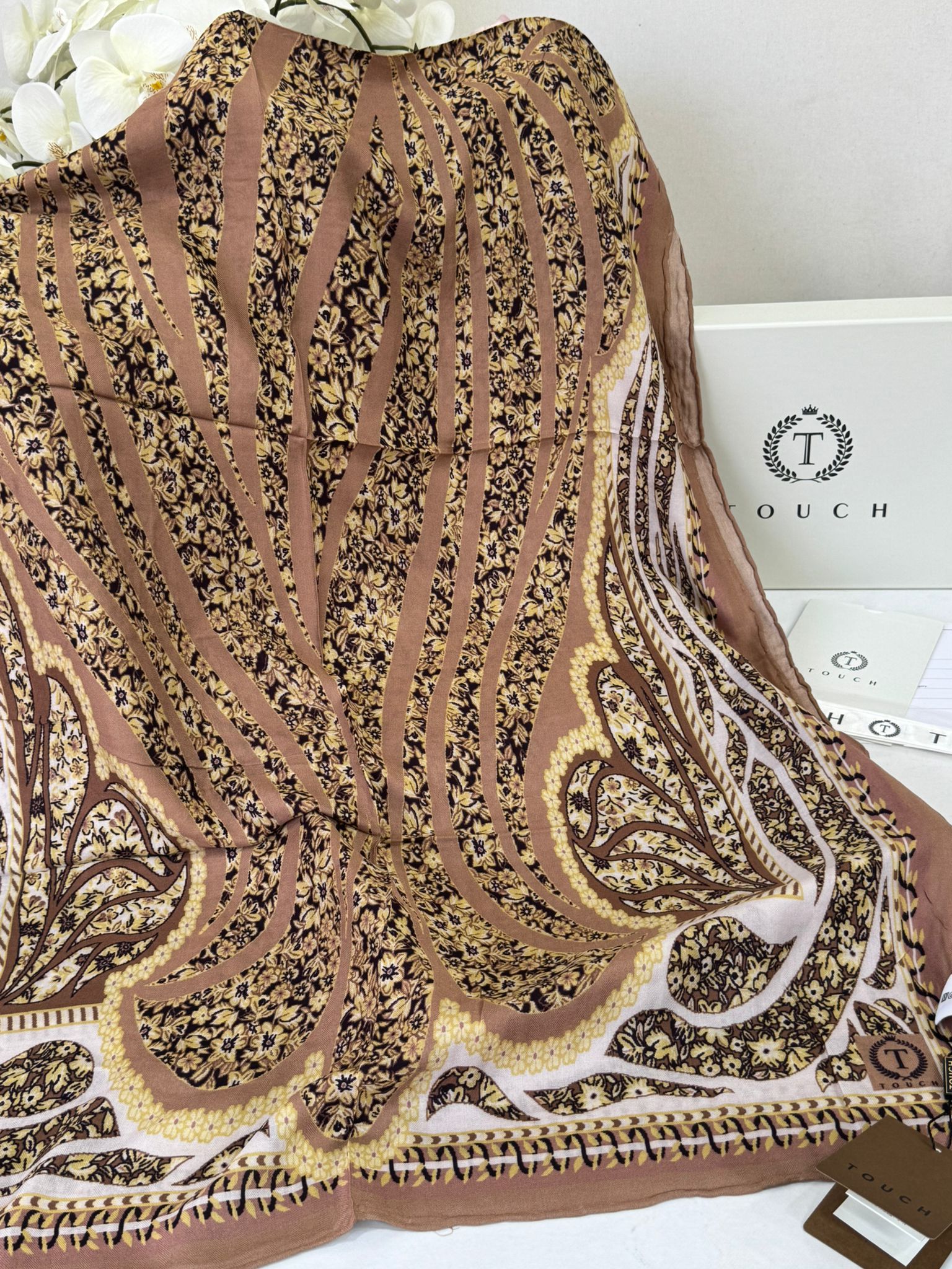 Touch İthal Etnik Desen Yün İpek Şal- 34660 - Latte Ekru - Görsel 2