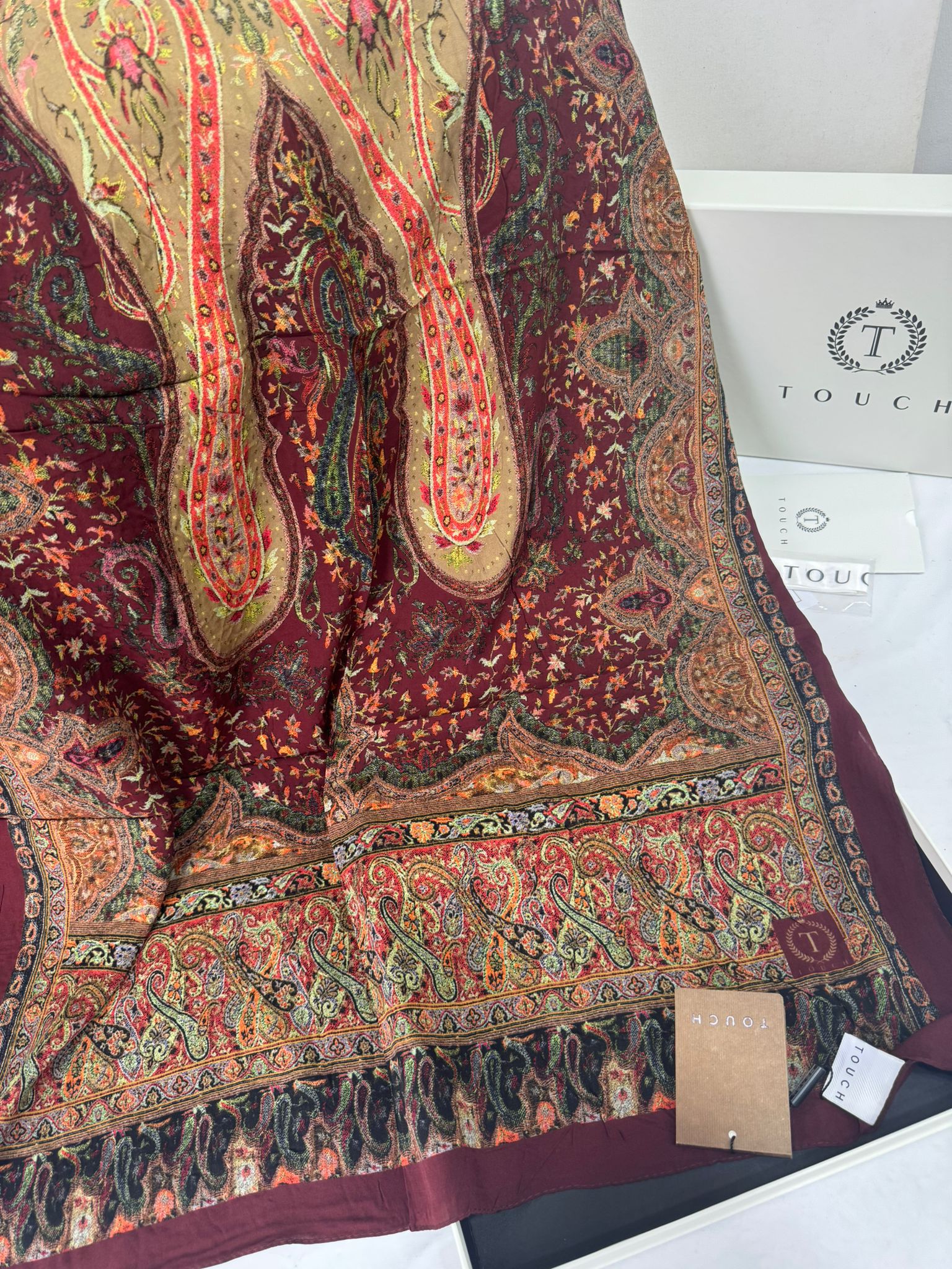 Touch İthal Etnik Desen Pamuk İpek Şal -35330 - Bordo Turuncu - Görsel 2