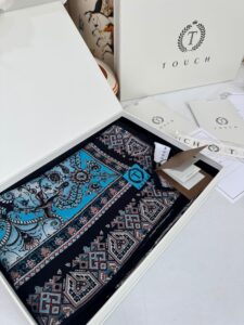 Touch İthal Etnik Desen Yün İpek Şal-34770 -Bebe Mavisi Lacivert