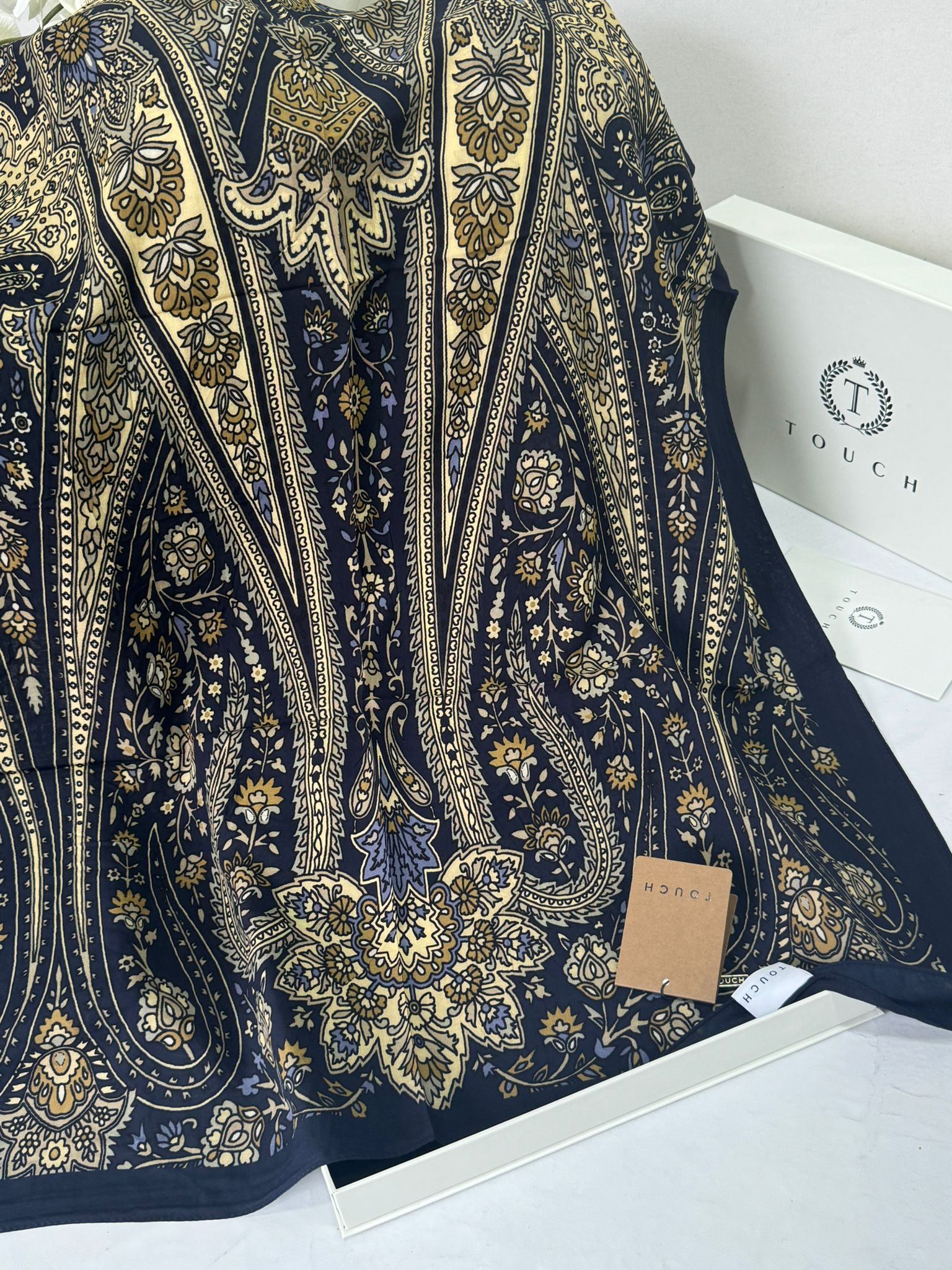 Touch İthal Etnik Desen Pamuk İpek Şal- 99880 - Siyah Lacivert - Görsel 2