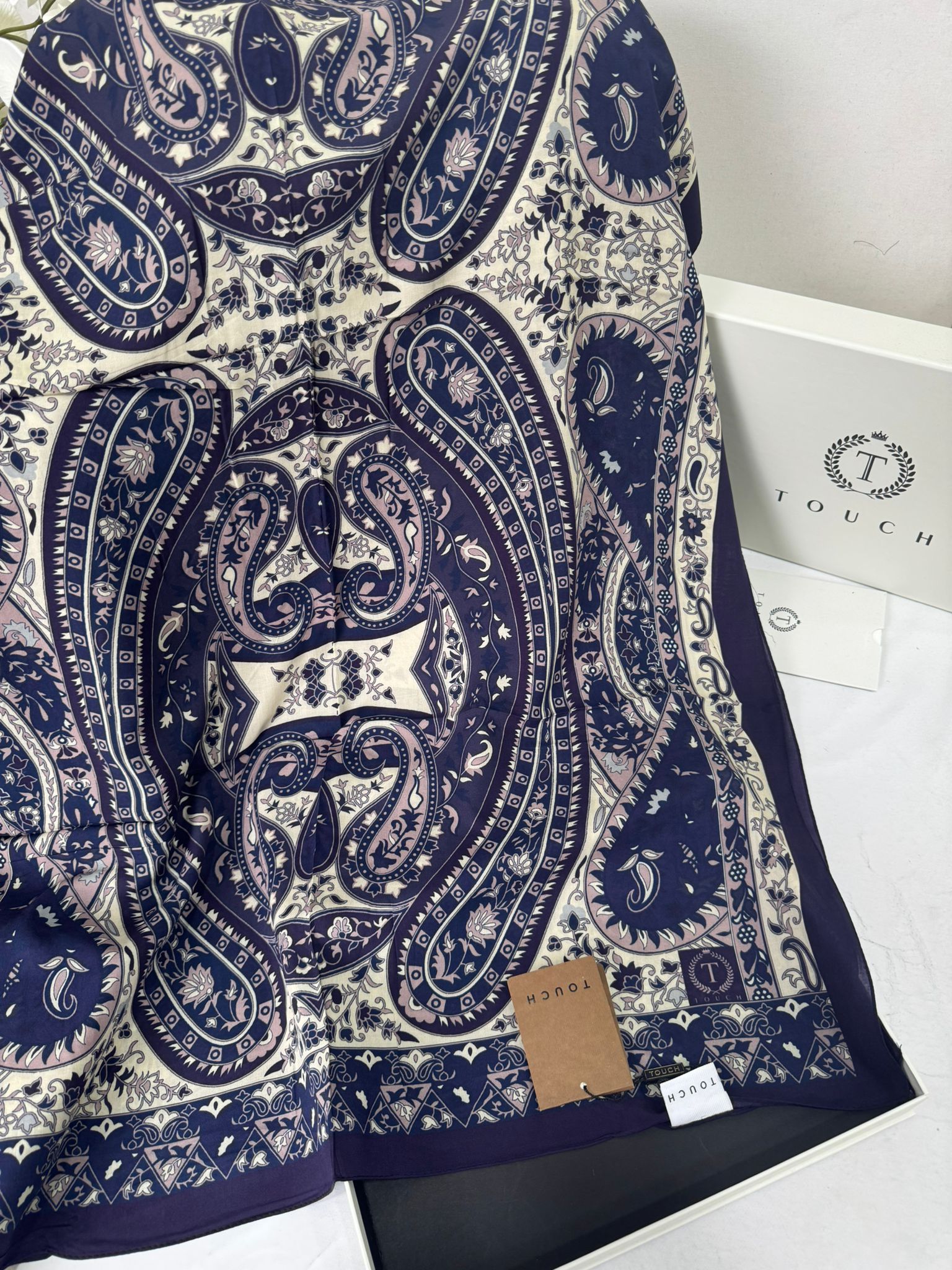 Touch İthal Etnik Desen Pamuk İpek Şal- 35440 - Mor Ekru - Görsel 2