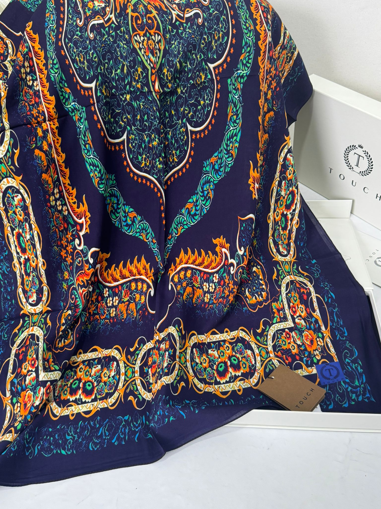 Touch İthal Etnik Desen Pamuk İpek Şal- 99990 -Lacivert - Görsel 2