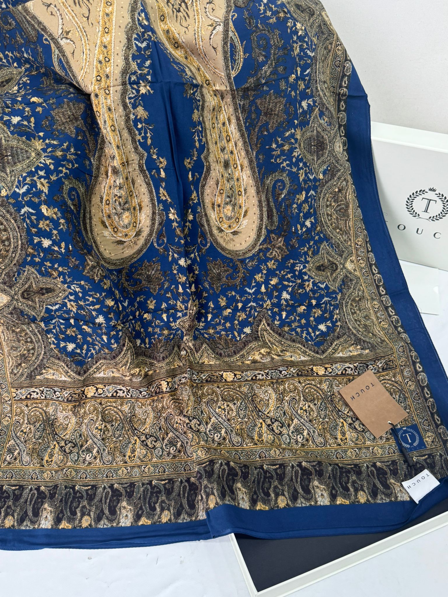 Touch İthal Etnik Desen Pamuk İpek Şal -35330 - Lacivert - Görsel 2