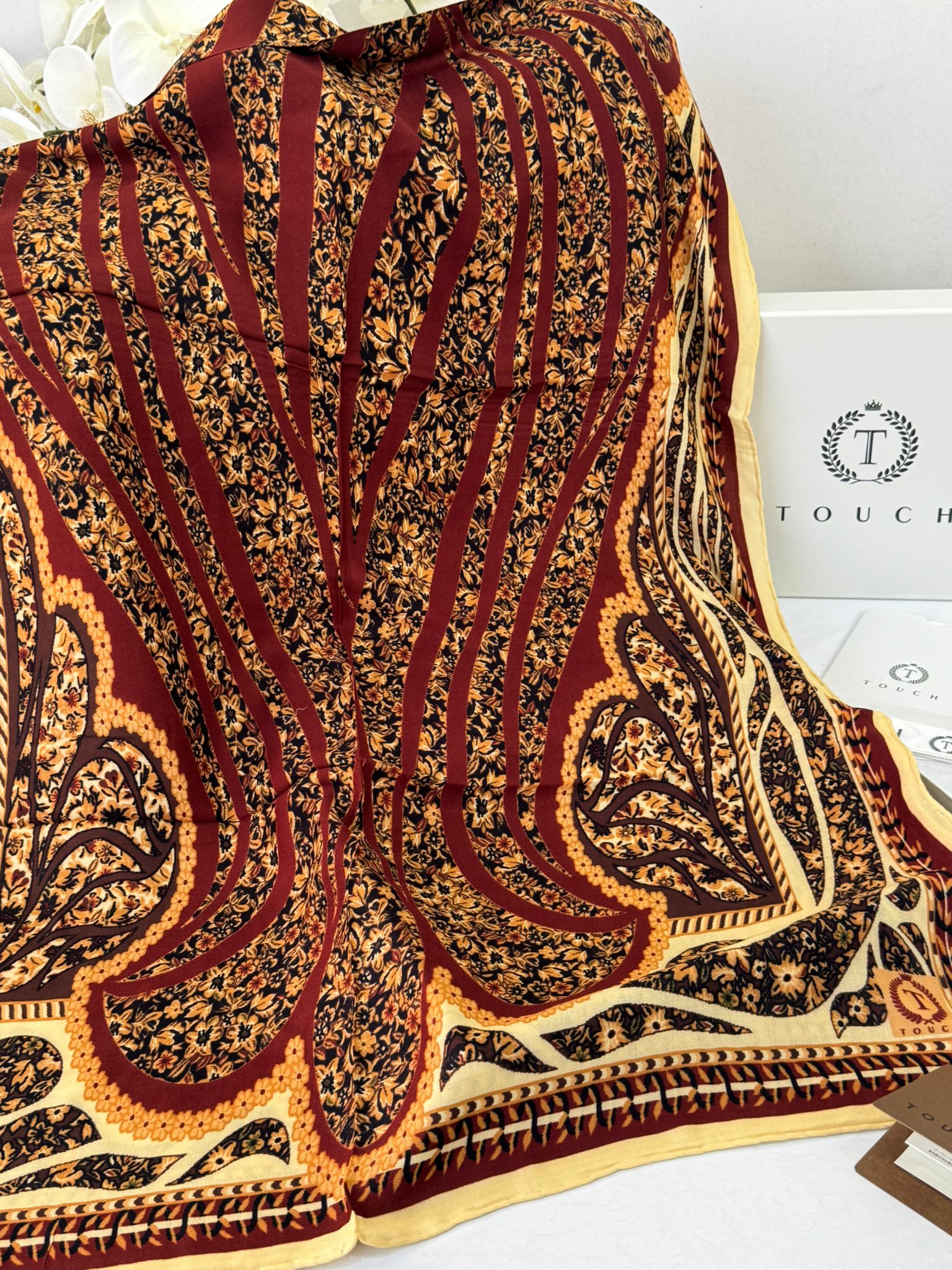 Touch İthal Etnik Desen Yün İpek Şal- 34660 - Bordo Gold - Görsel 2