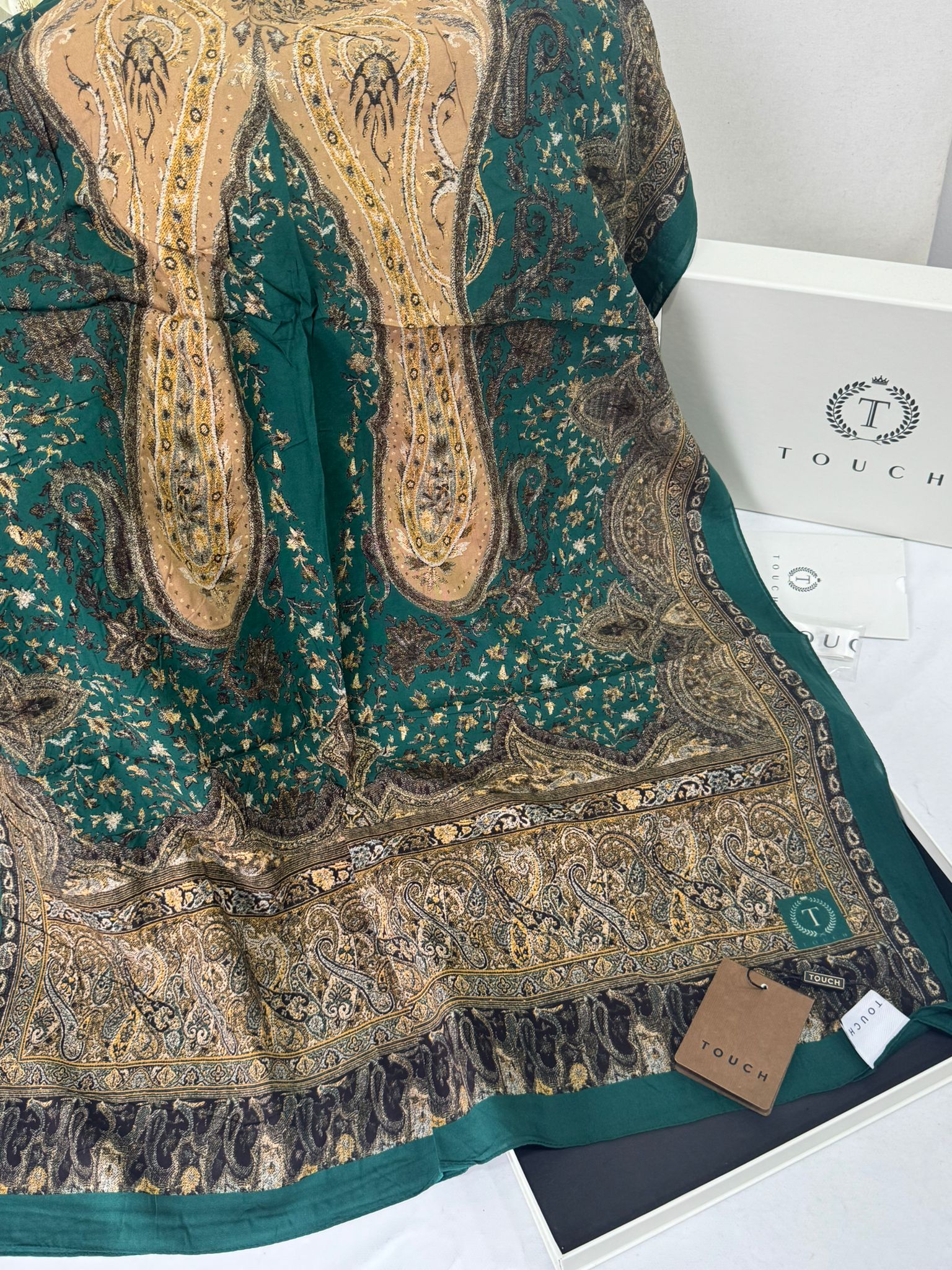 Touch İthal Etnik Desen Pamuk İpek Şal -35330 - Yeşil - Görsel 2