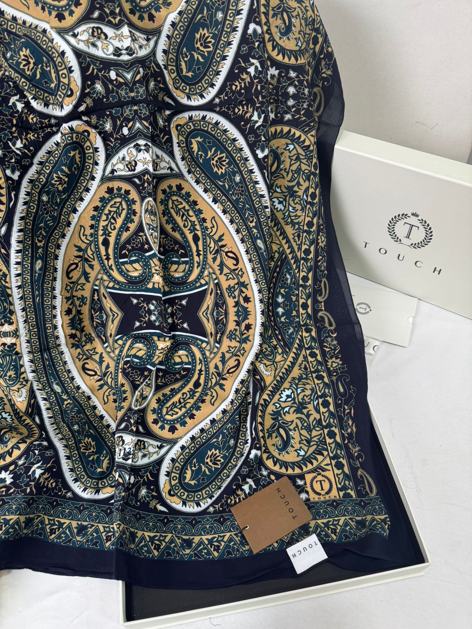 Touch İthal Etnik Desen Pamuk İpek Şal- 35440 - Lacivert Vizon - Görsel 2