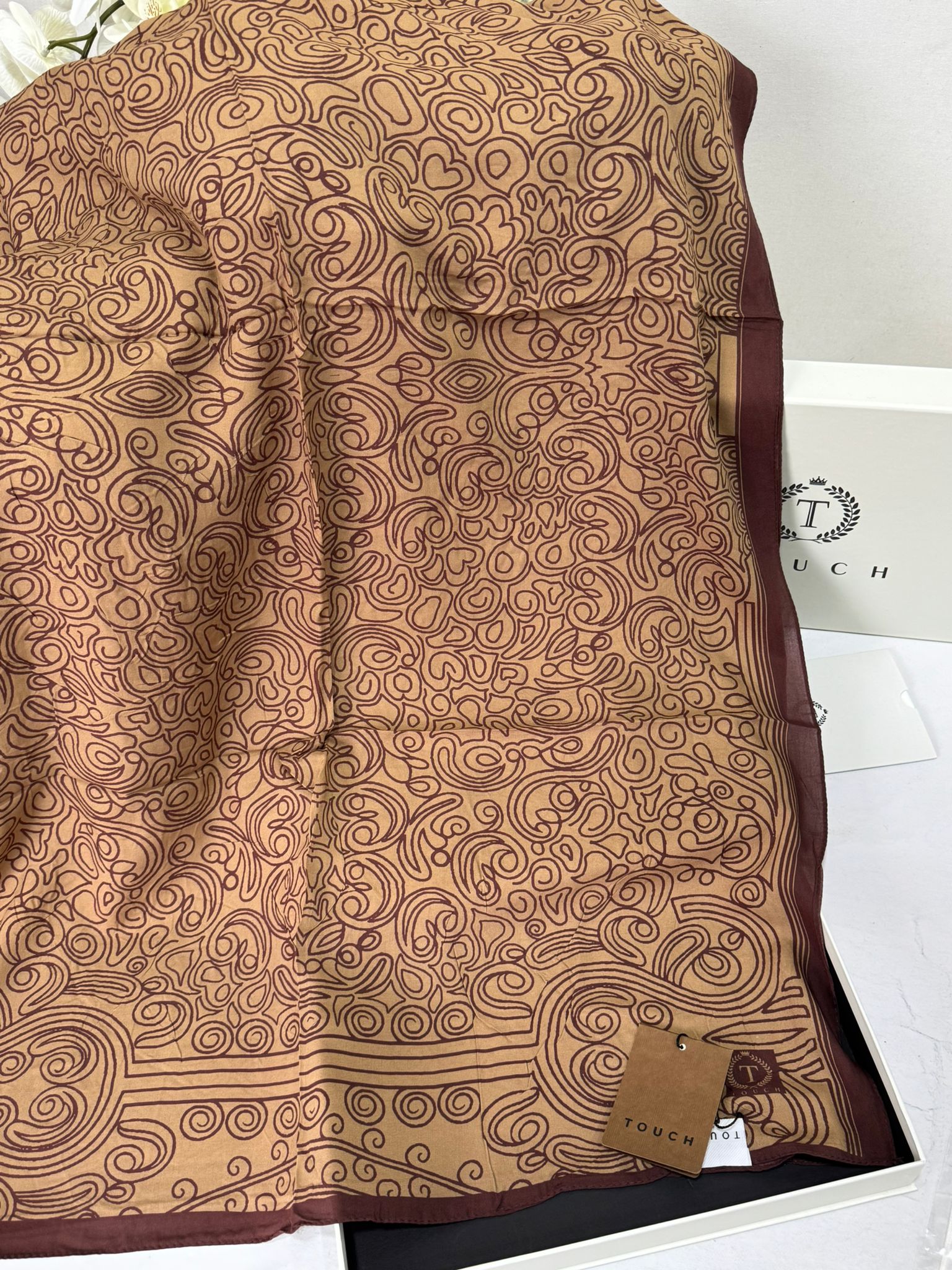 Touch İthal Etnik Desen Pamuk İpek Şal 63459- Kahve Latte - Görsel 2