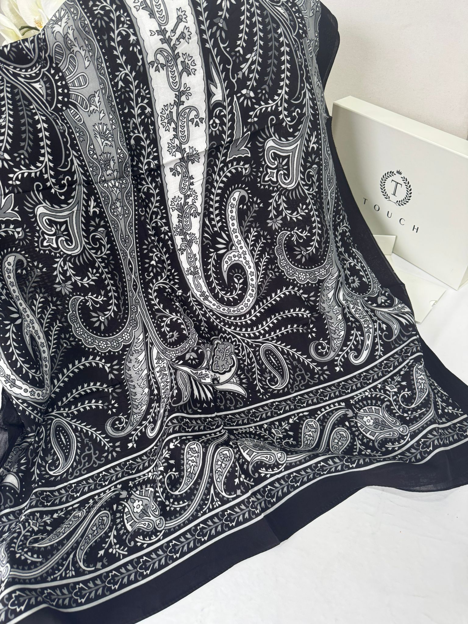 Touch İthal Etnik Desen Pamuk İpek Şal- 99770-Siyah - Görsel 2