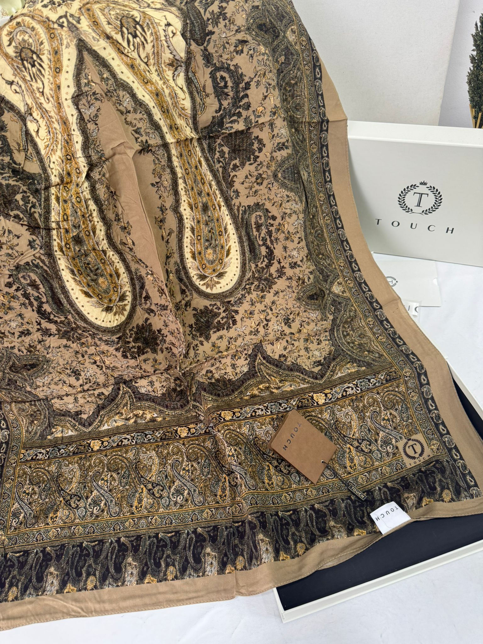 Touch İthal Etnik Desen Pamuk İpek Şal -35330 - Vizon - Görsel 2