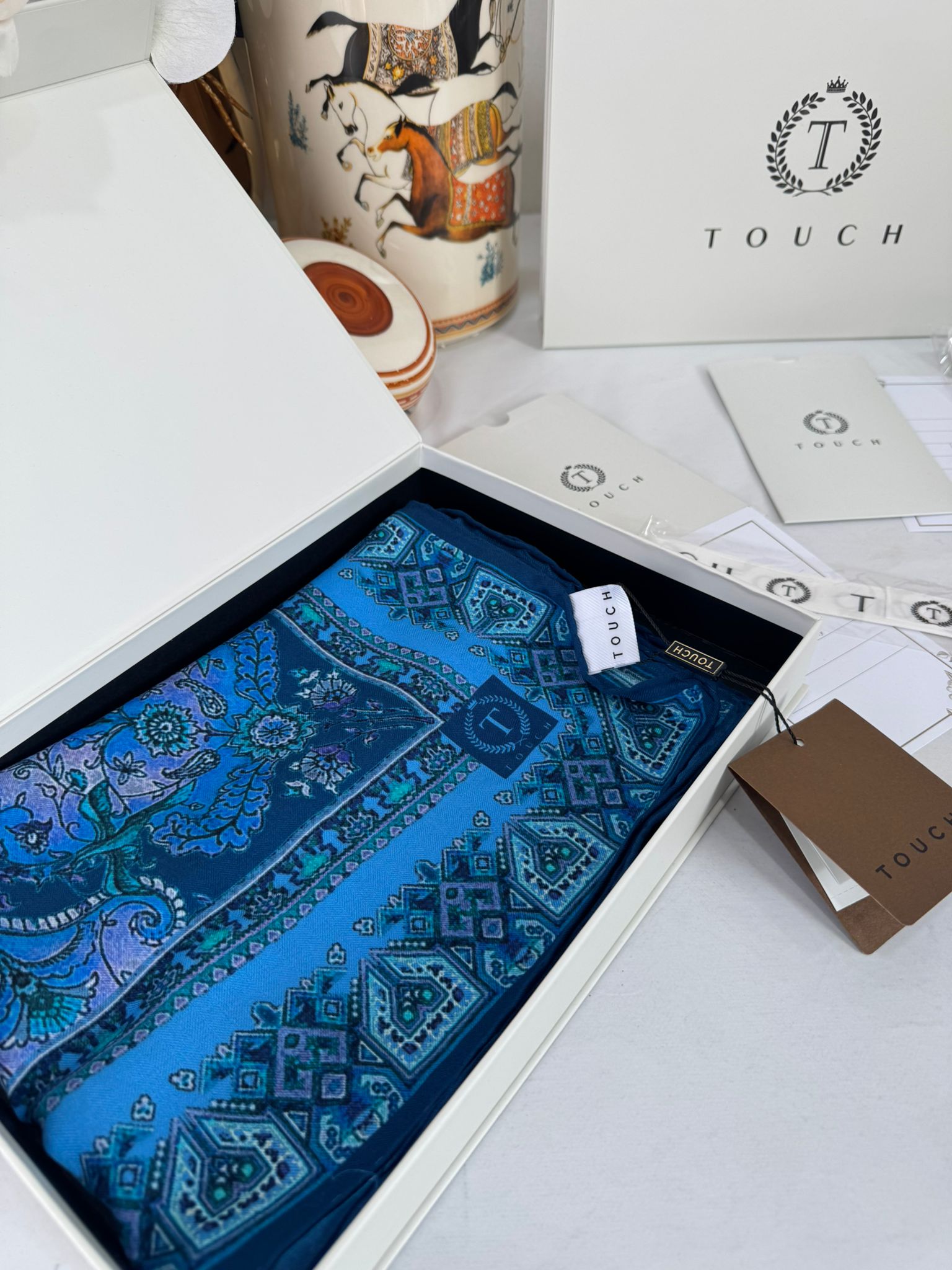 Touch İthal Etnik Desen Yün İpek Şal-34770 -Bebe Mavisi