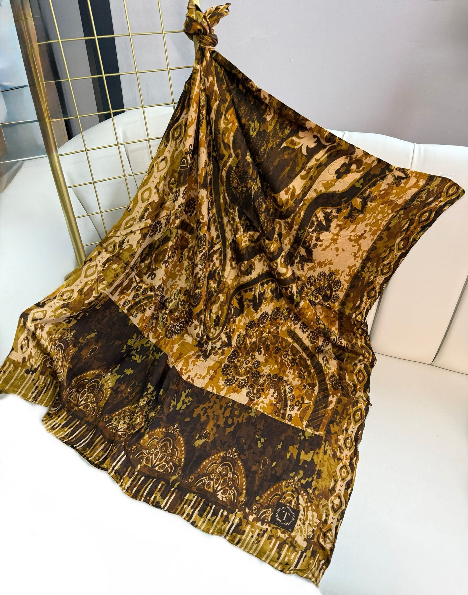 Touch İthal Etnik Desen Yün İpek Şal-  34550 - Kahve