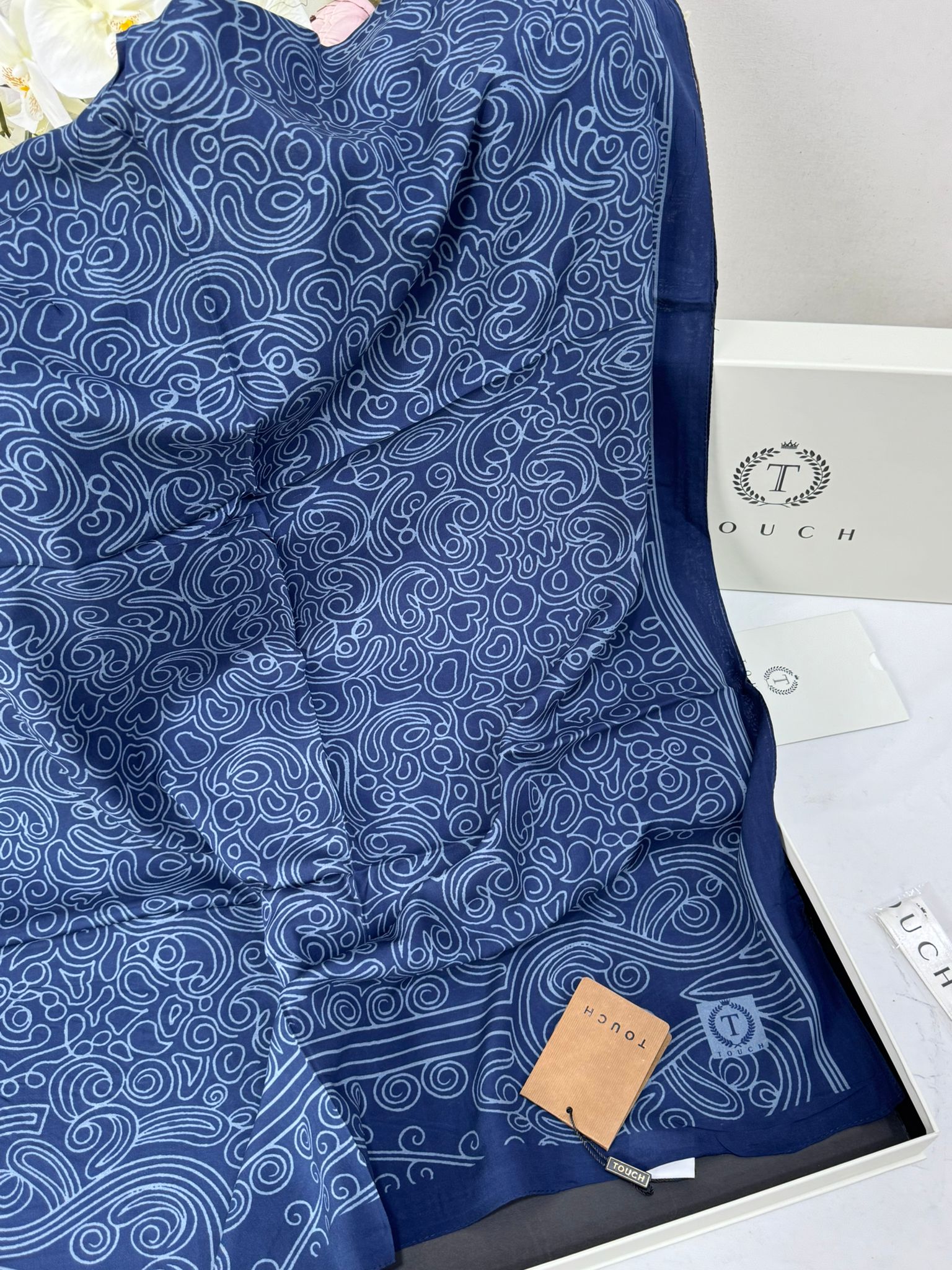 Touch İthal Etnik Desen Pamuk İpek Şal 63459- Lacivert - Görsel 2